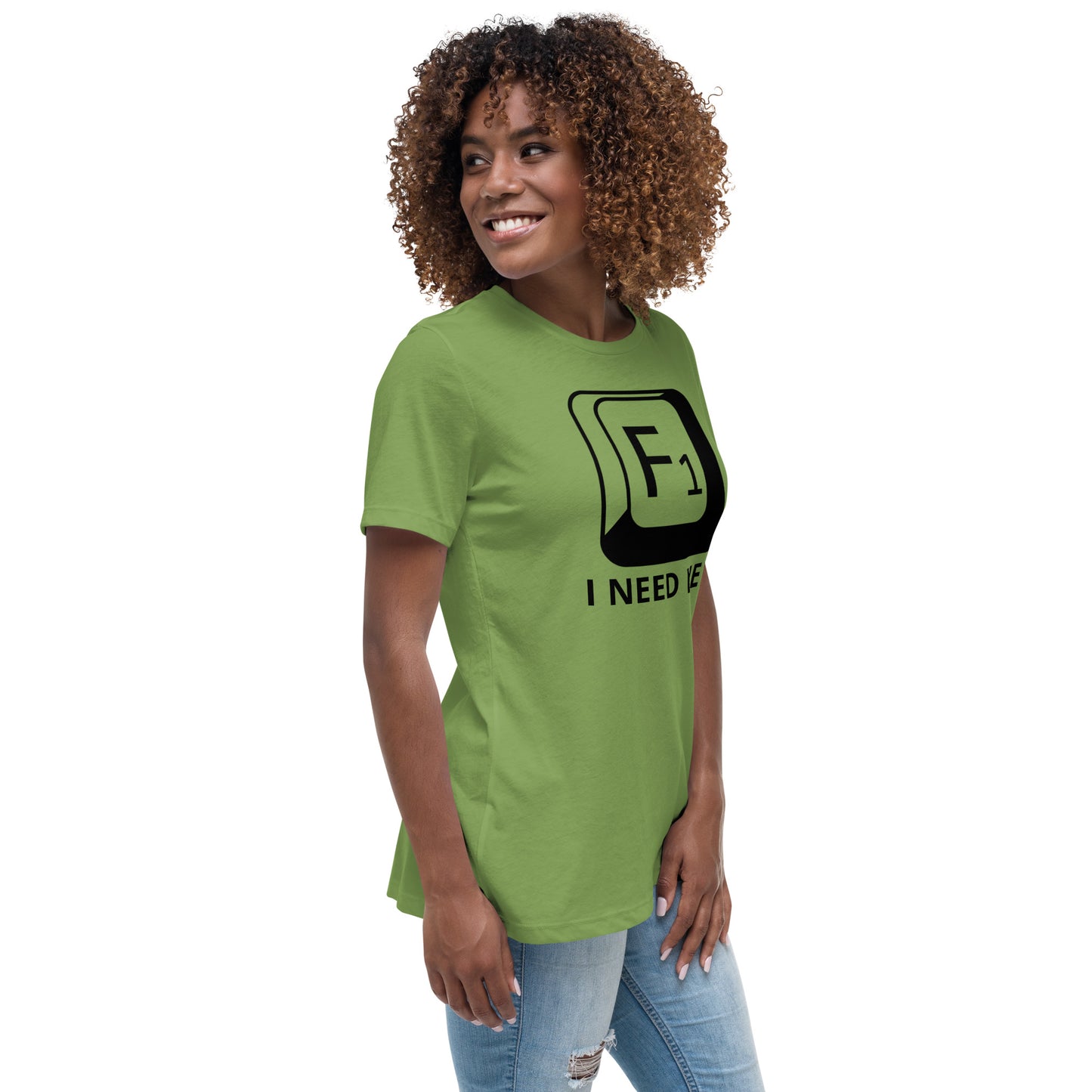 Woman with leaf green t-shirt with picture of "F1" key and text "I need help"