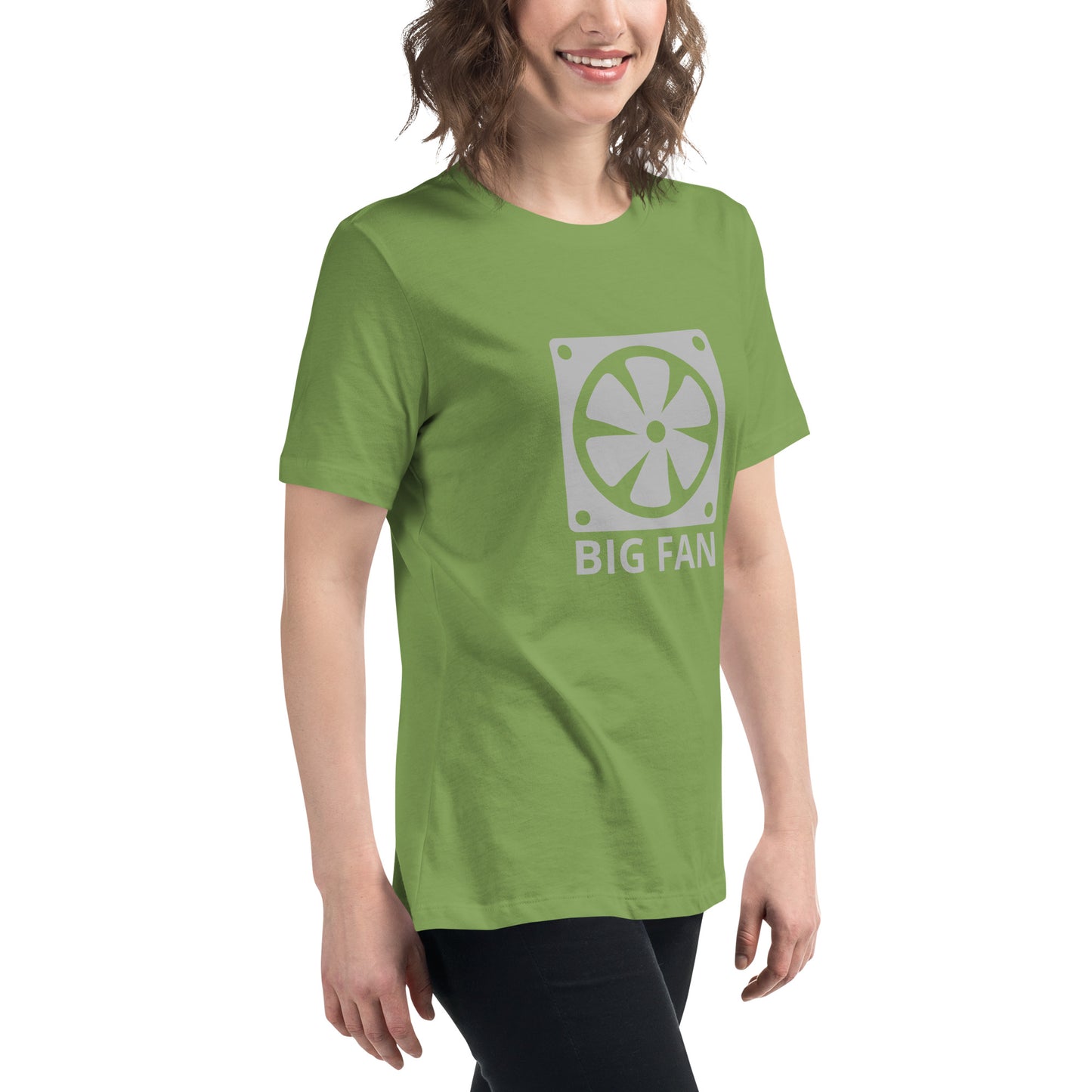 Women with leaf green t-shirt with image of a big computer fan and the text "BIG FAN"