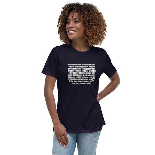 Woman with navy blue t-shirt with binary code "If you can read this"