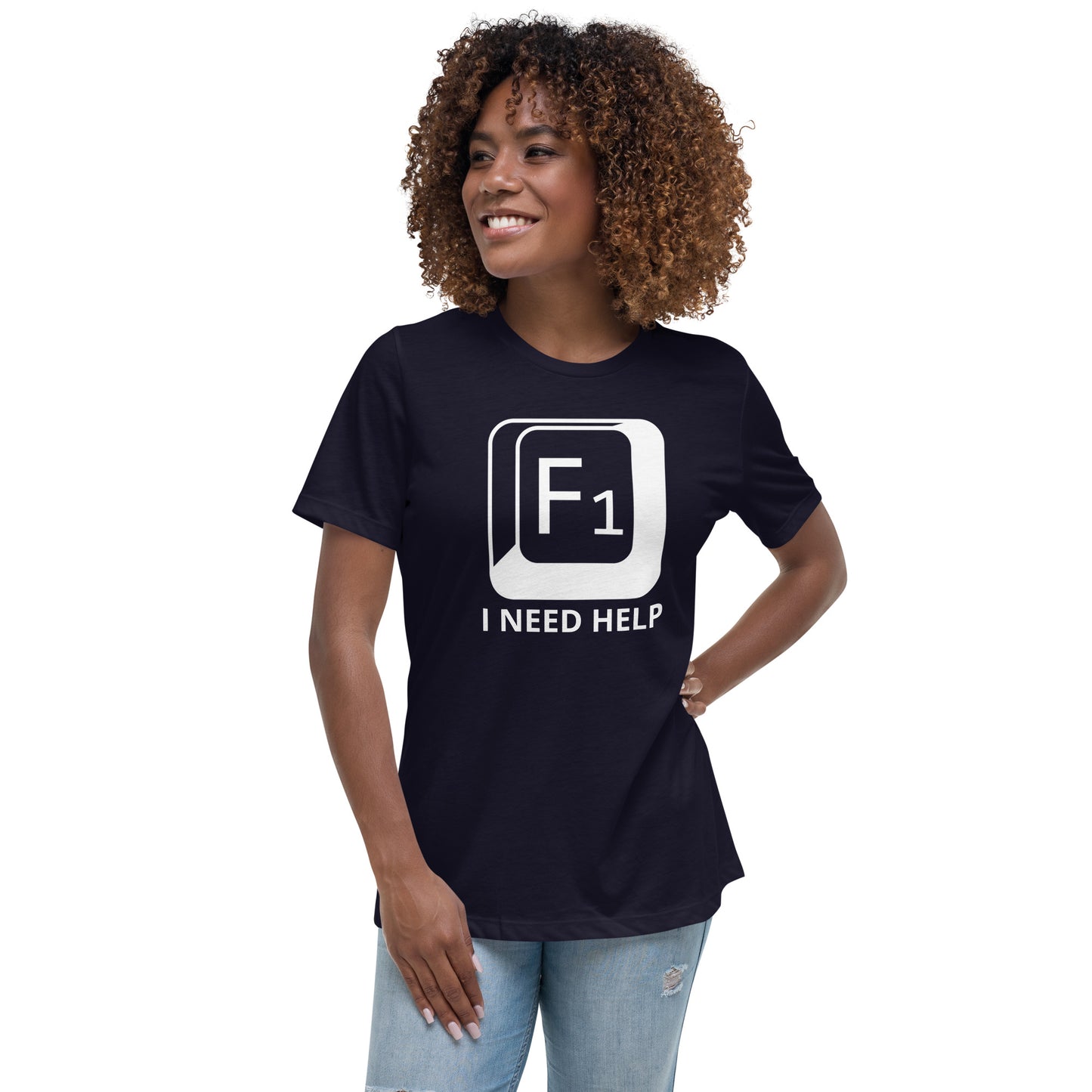 Woman with navy blue t-shirt with picture of "F1" key and text "I need help"