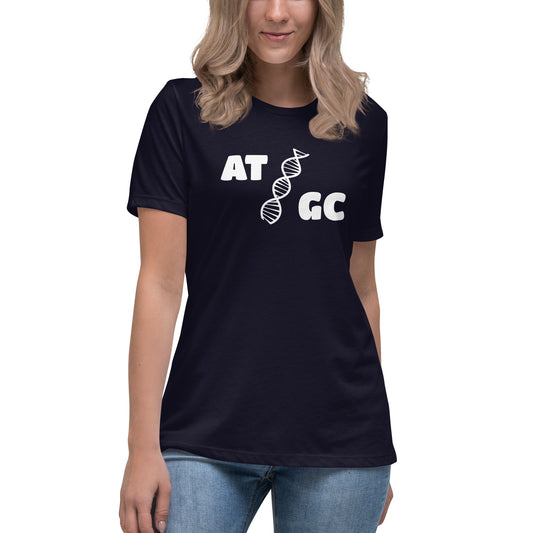 Women with navy blue t-shirt with image of a DNA string and the text "ATGC"