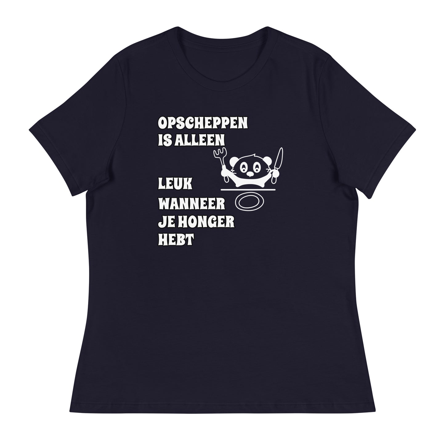 dokerblauwe T-shirt met tekst “opscheppen is alleen leuk wanneer je honger hebt”