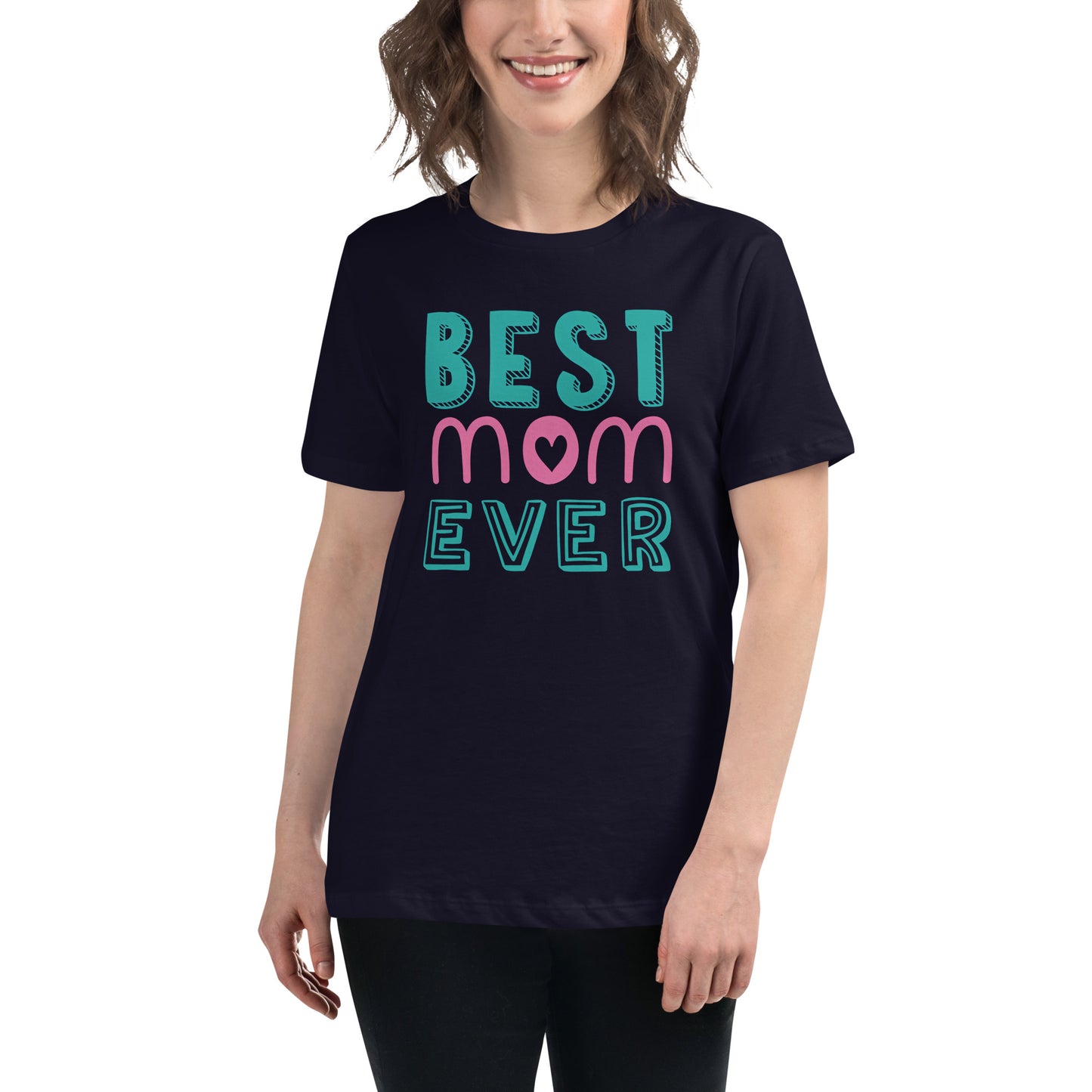 Women with navy blue Tshirt with text best MOM Ever