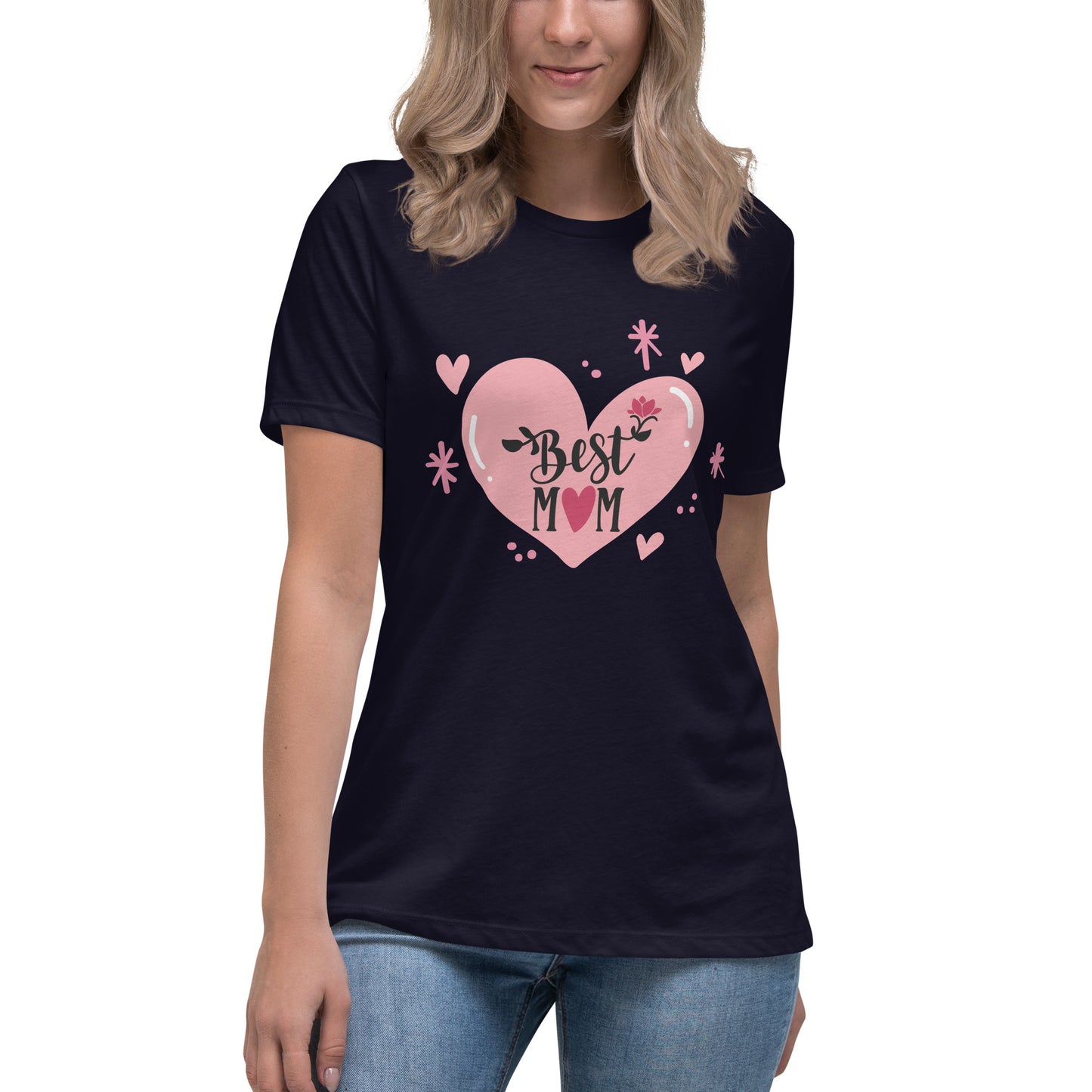Women with navy t shirt with hart and text best MOM