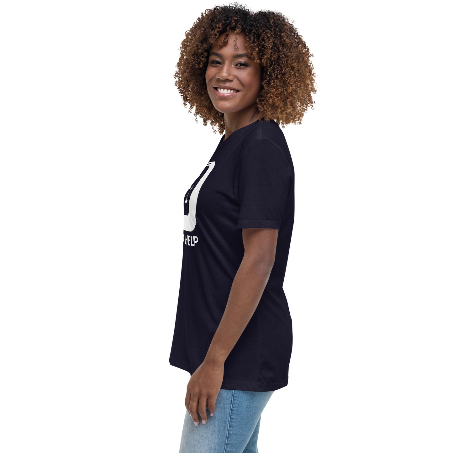 Woman with navy blue t-shirt with picture of "F1" key and text "I need help"