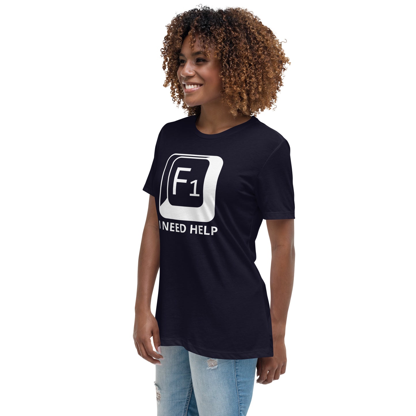 Woman with navy blue t-shirt with picture of "F1" key and text "I need help"