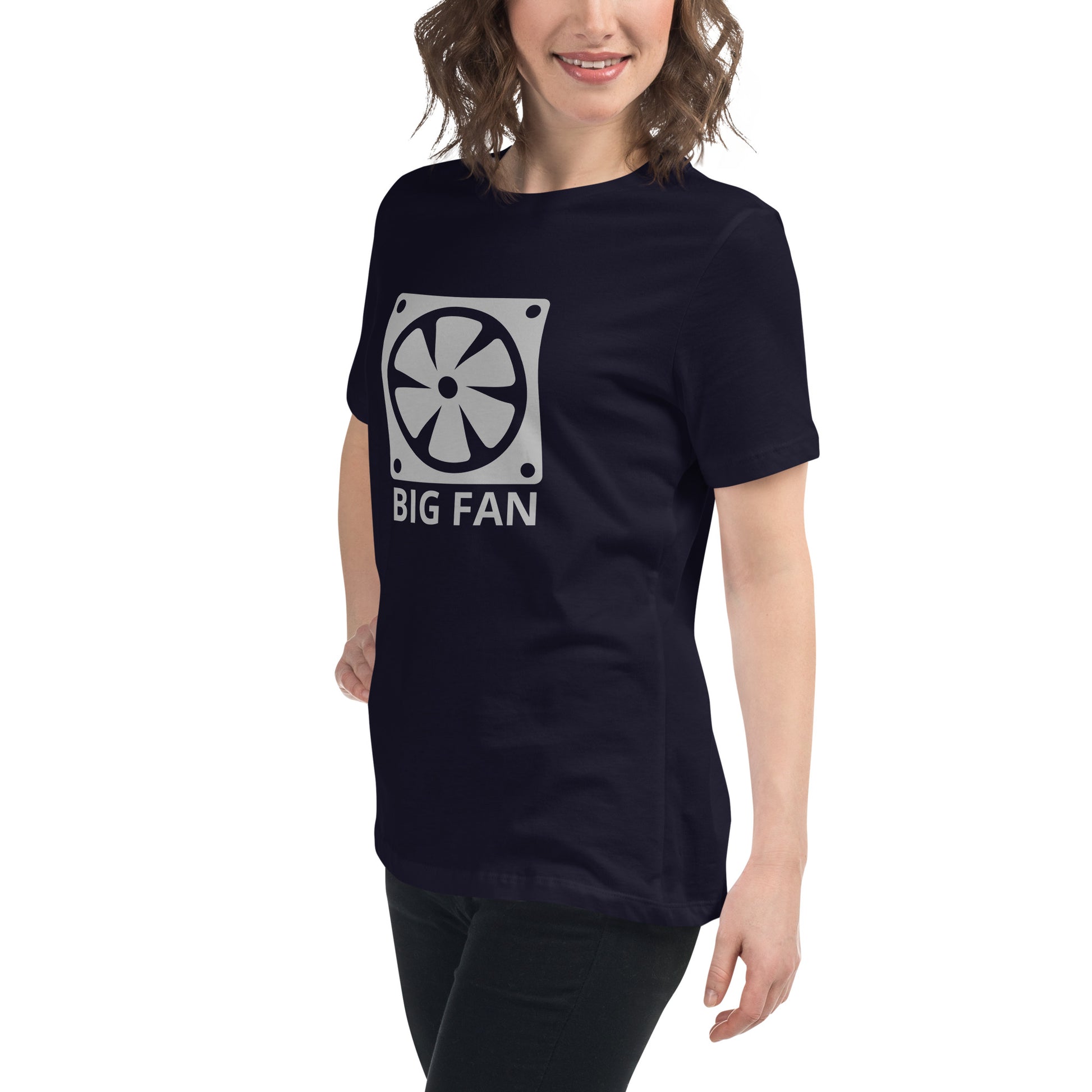 Women with navy blue t-shirt with image of a big computer fan and the text "BIG FAN"