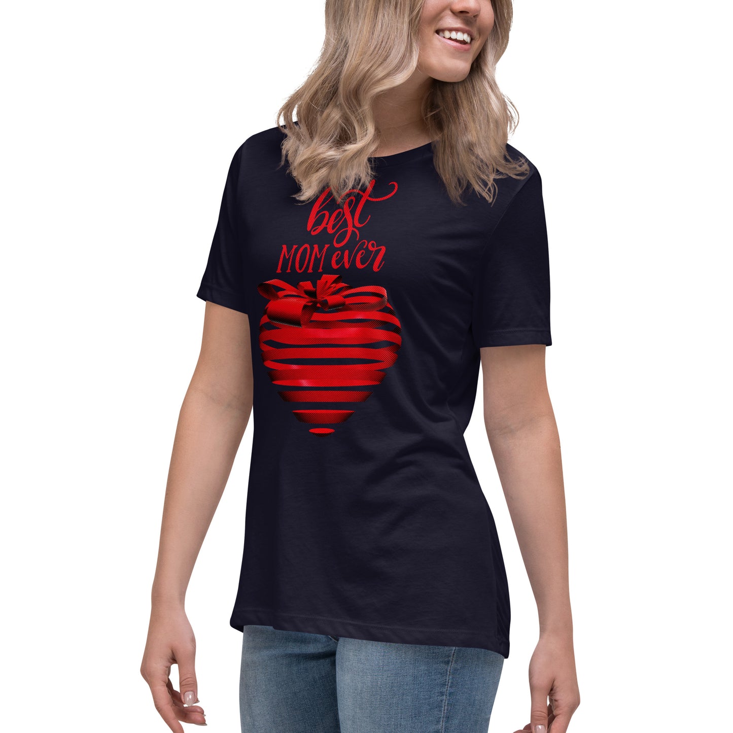 Women with navy T-shirt with red text best MOM Ever and red heart