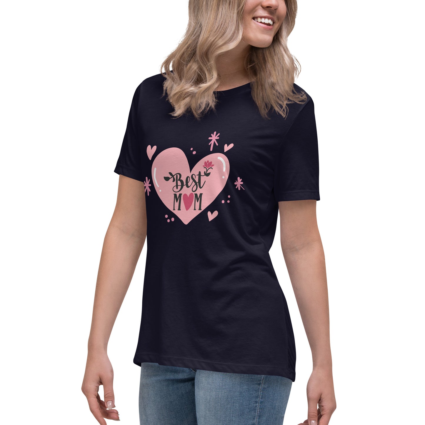 Women with navy t shirt with hart and text best MOM
