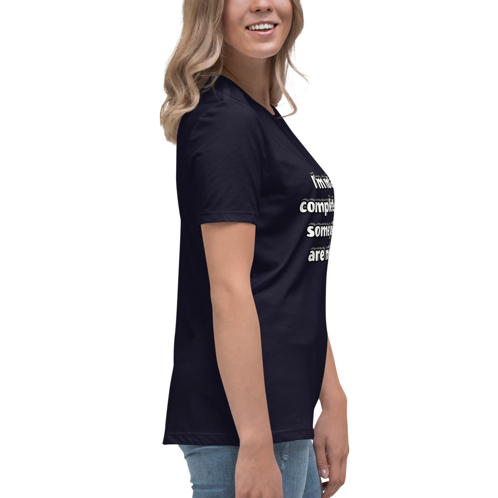 Women with navy t-shirt with text “I’m not a complete idiot, some pieces are missing”