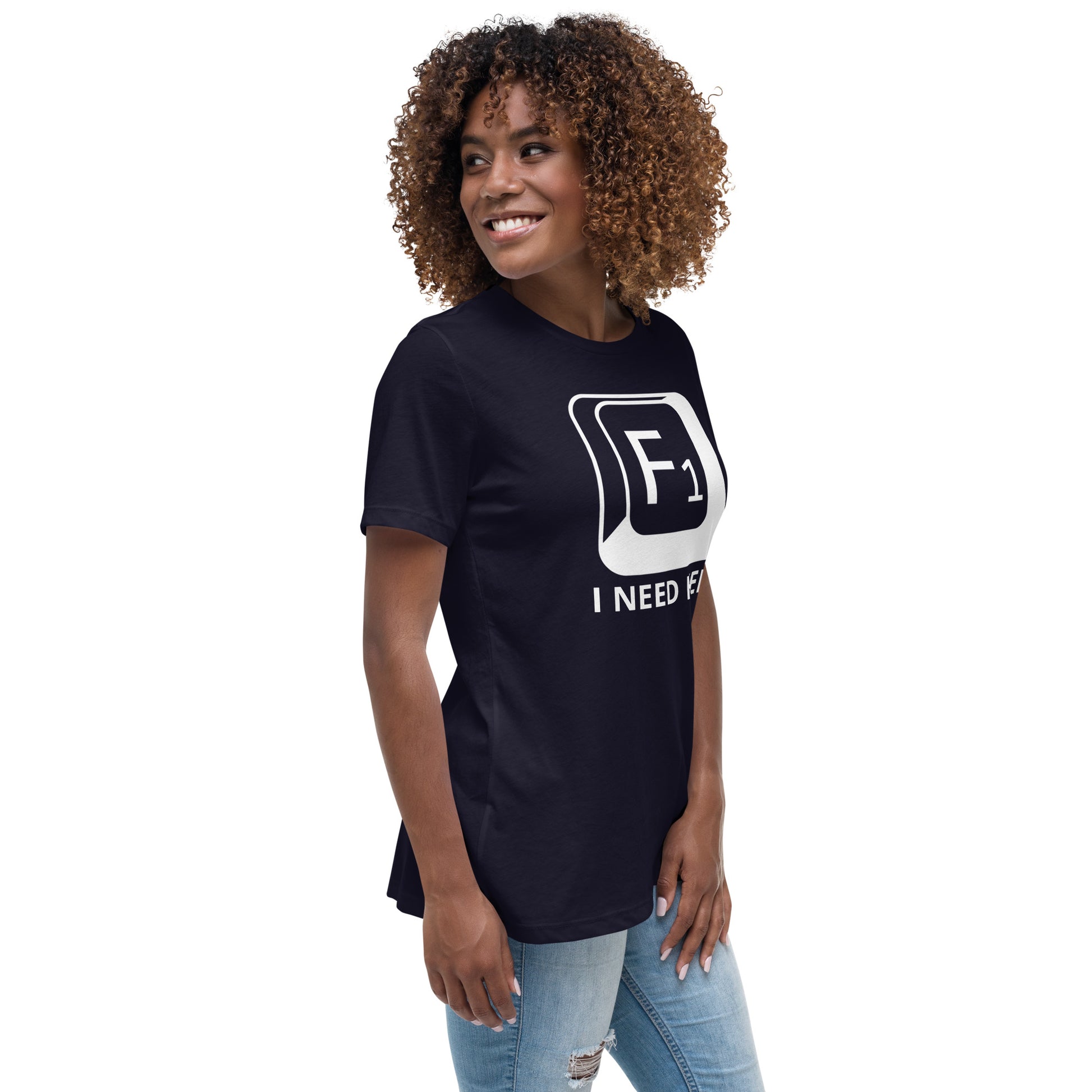 Woman with navy blue t-shirt with picture of "F1" key and text "I need help"