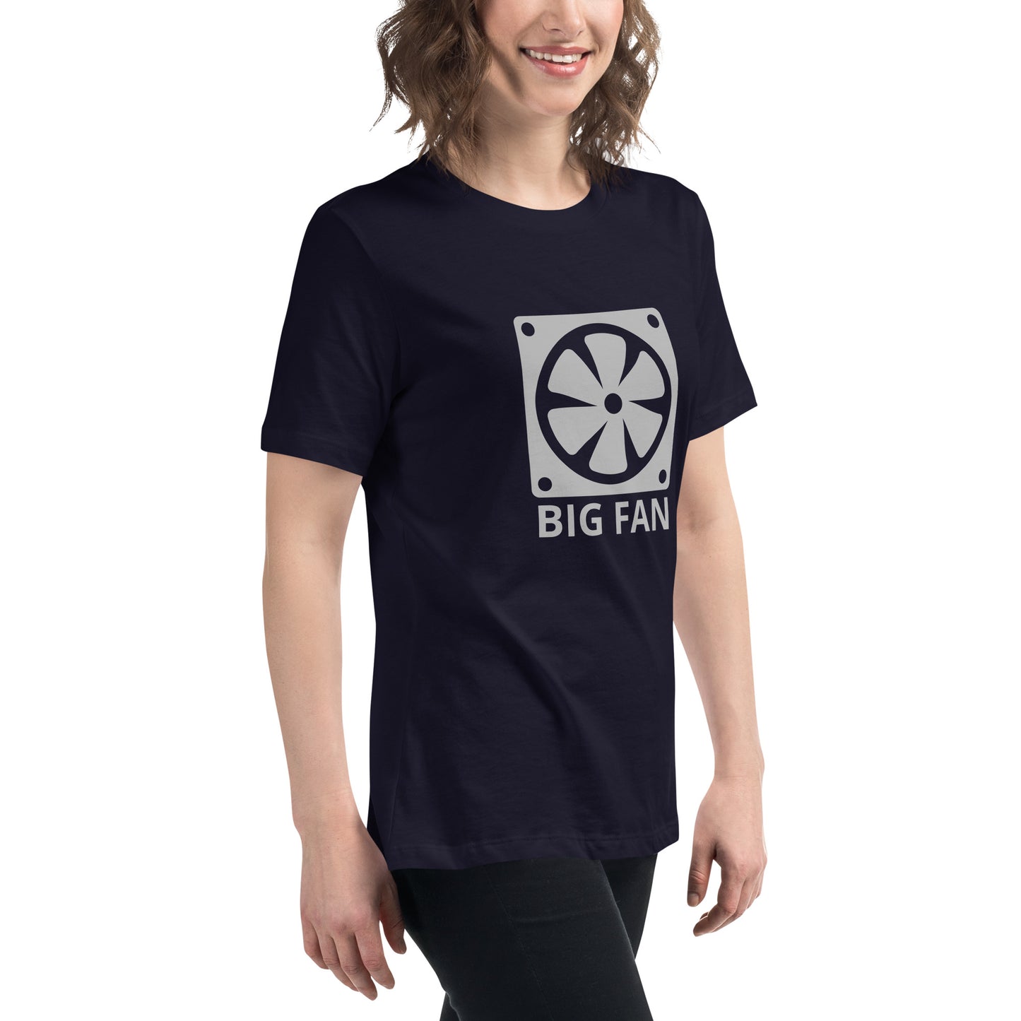 Women with navy blue t-shirt with image of a big computer fan and the text "BIG FAN"