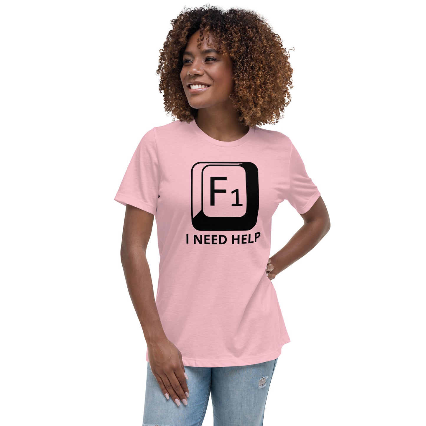 Woman with pink t-shirt with picture of "F1" key and text "I need help"