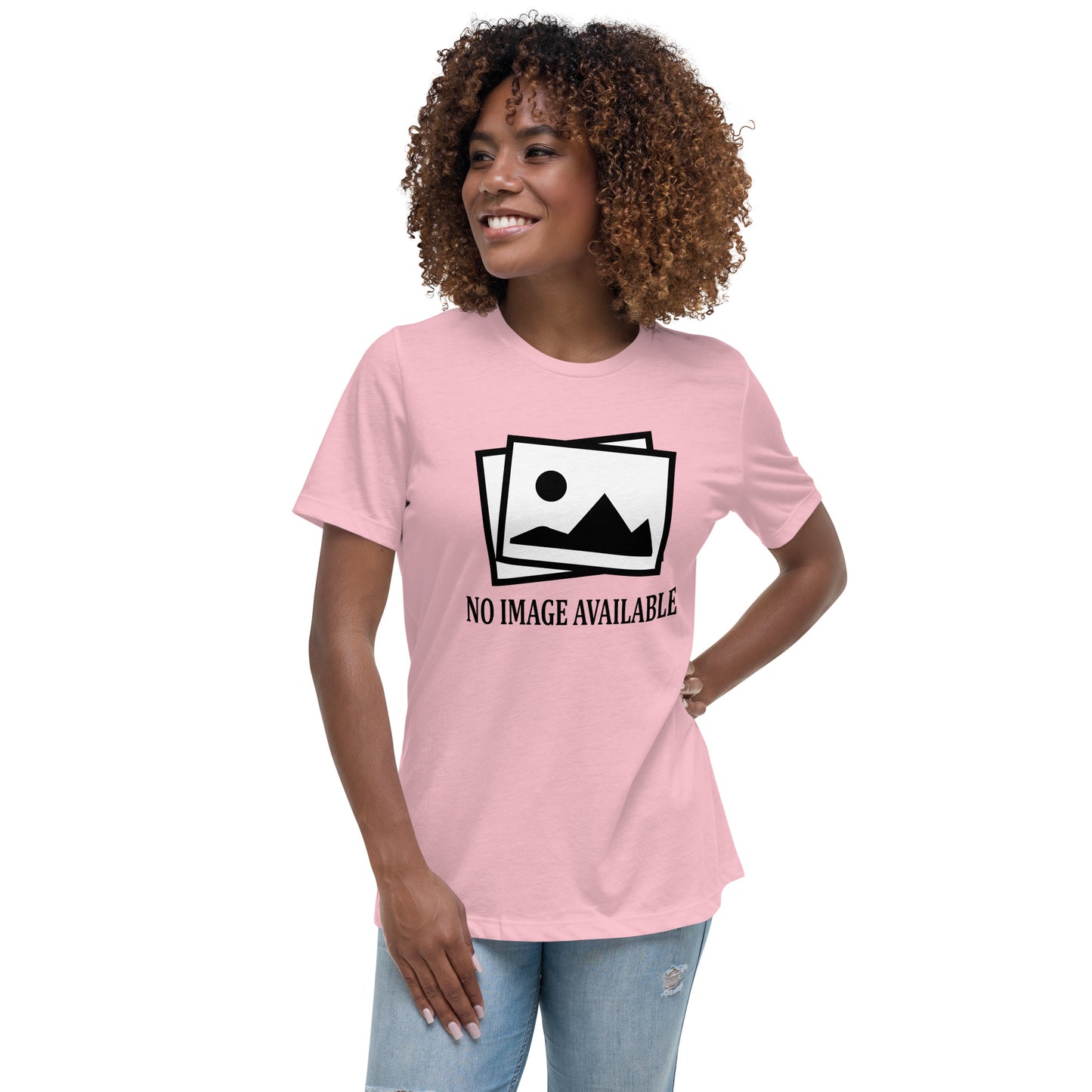 Women with pink t-shirt with image and text "no image available"