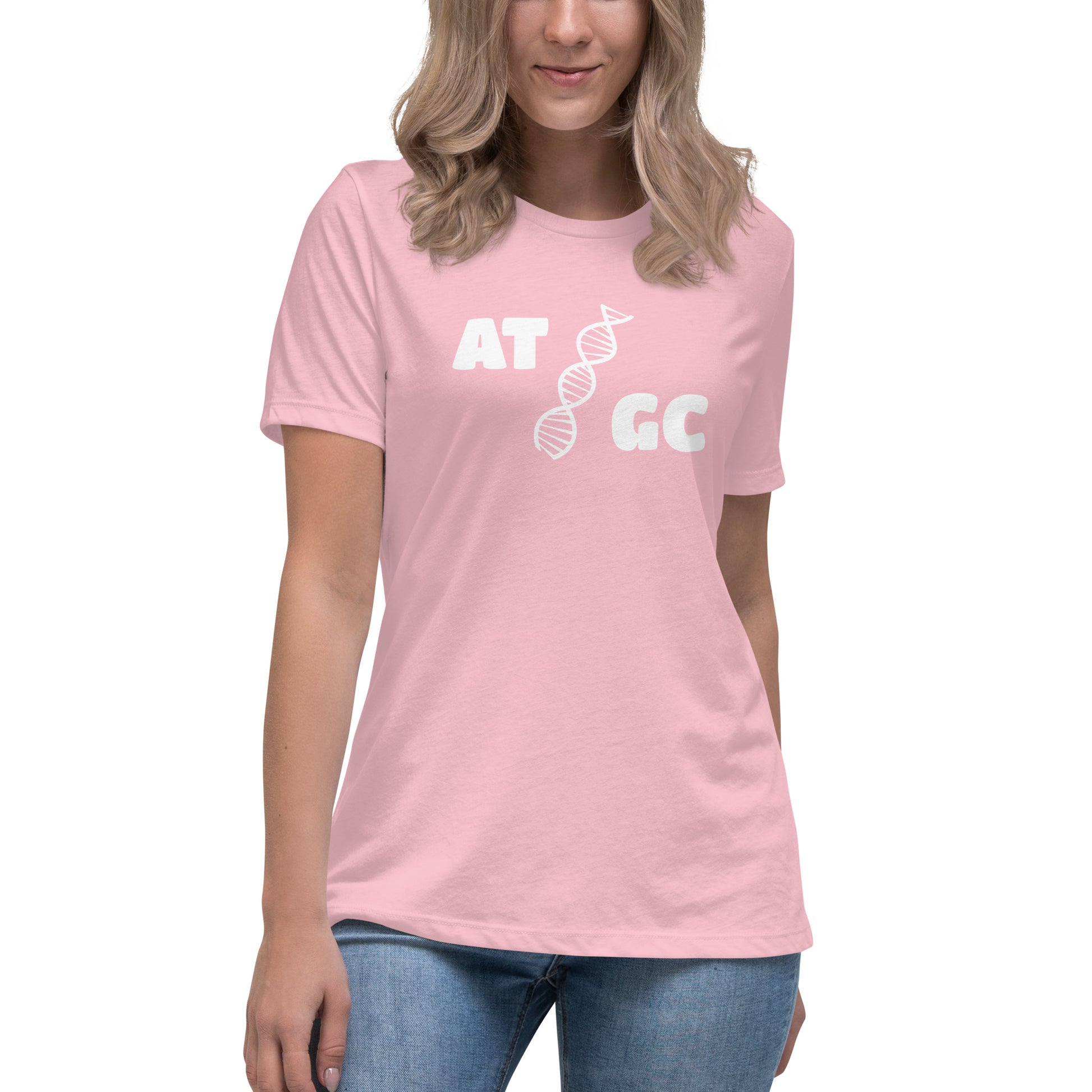 Women with pink t-shirt with image of a DNA string and the text "ATGC"