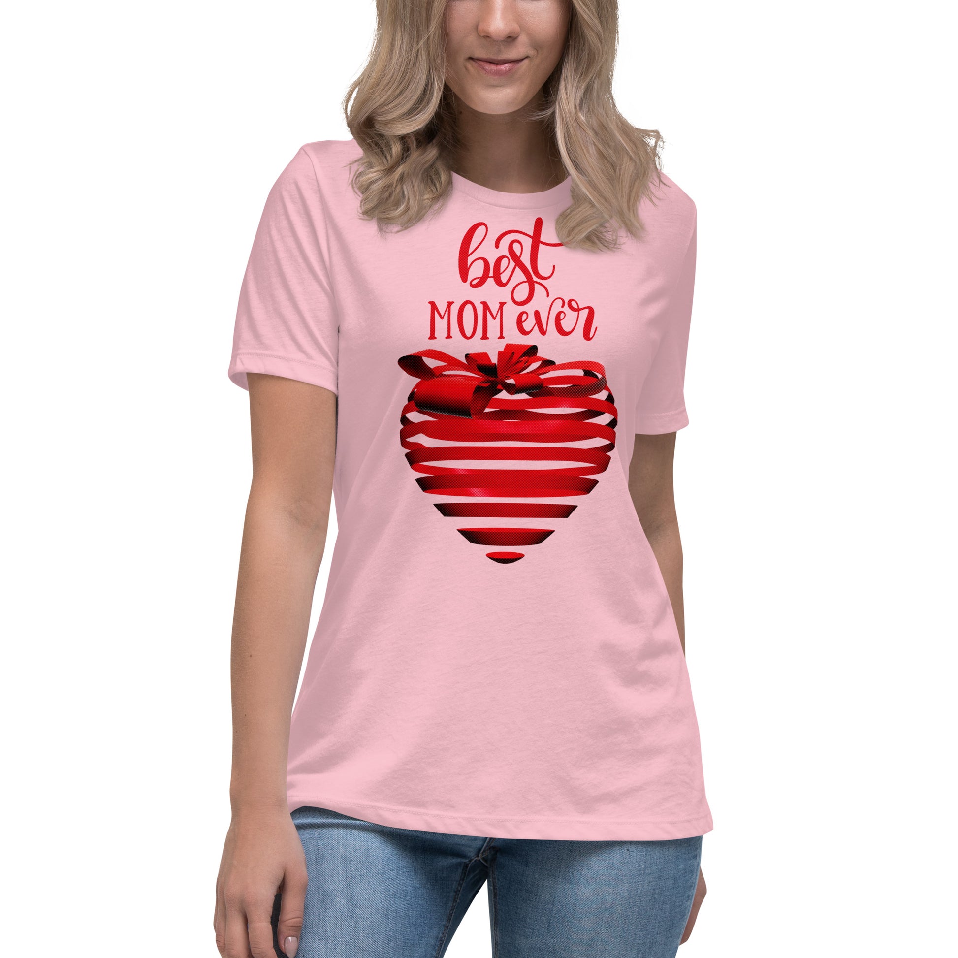 Women with pink T-shirt with red text best MOM Ever and red heart