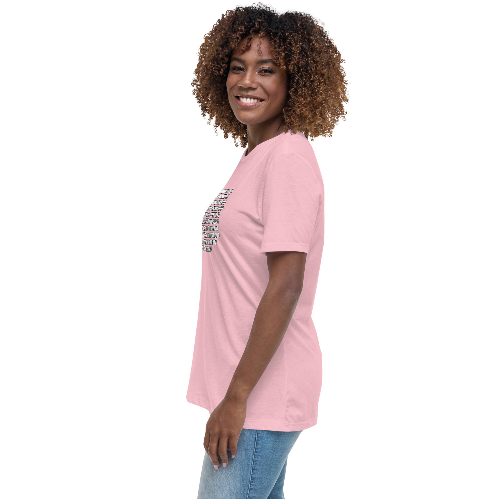 Woman with pink t-shirt with binary code "If you can read this"
