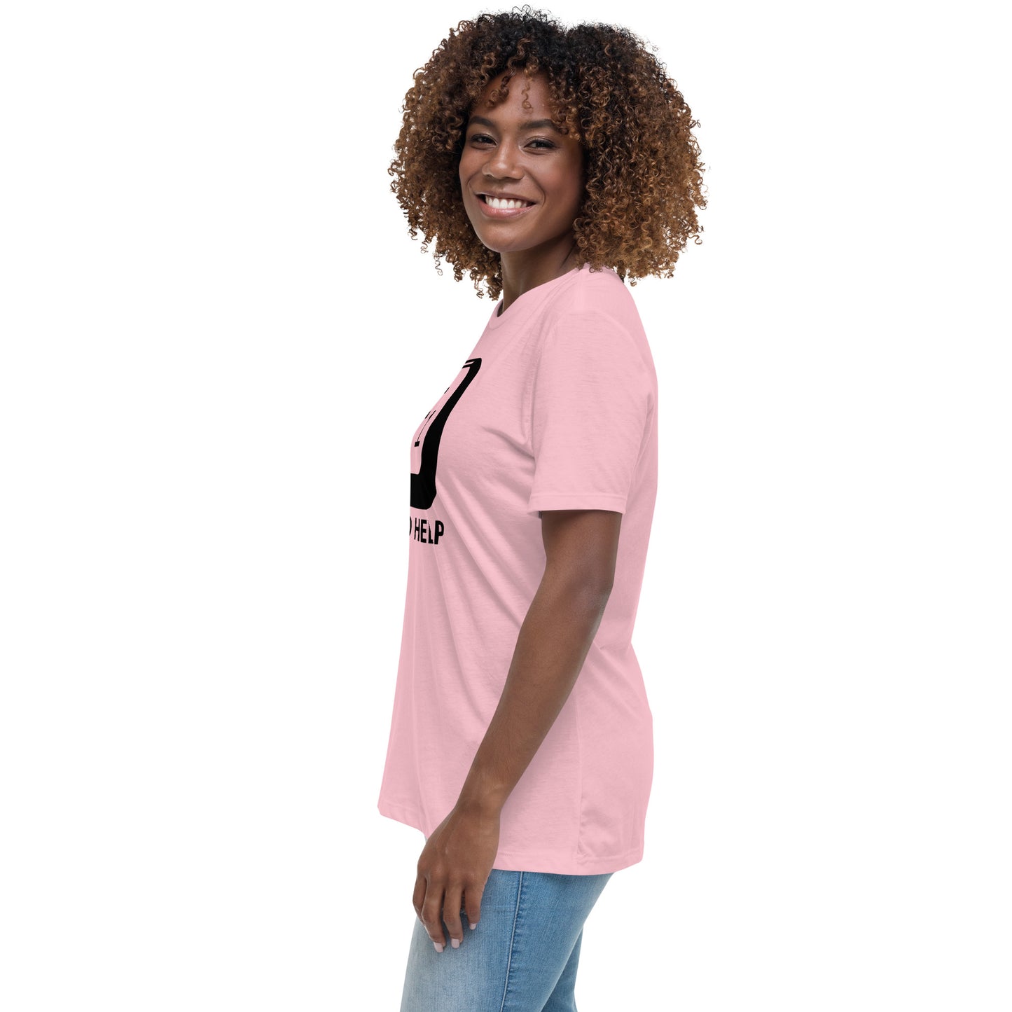 Woman with pink t-shirt with picture of "F1" key and text "I need help"