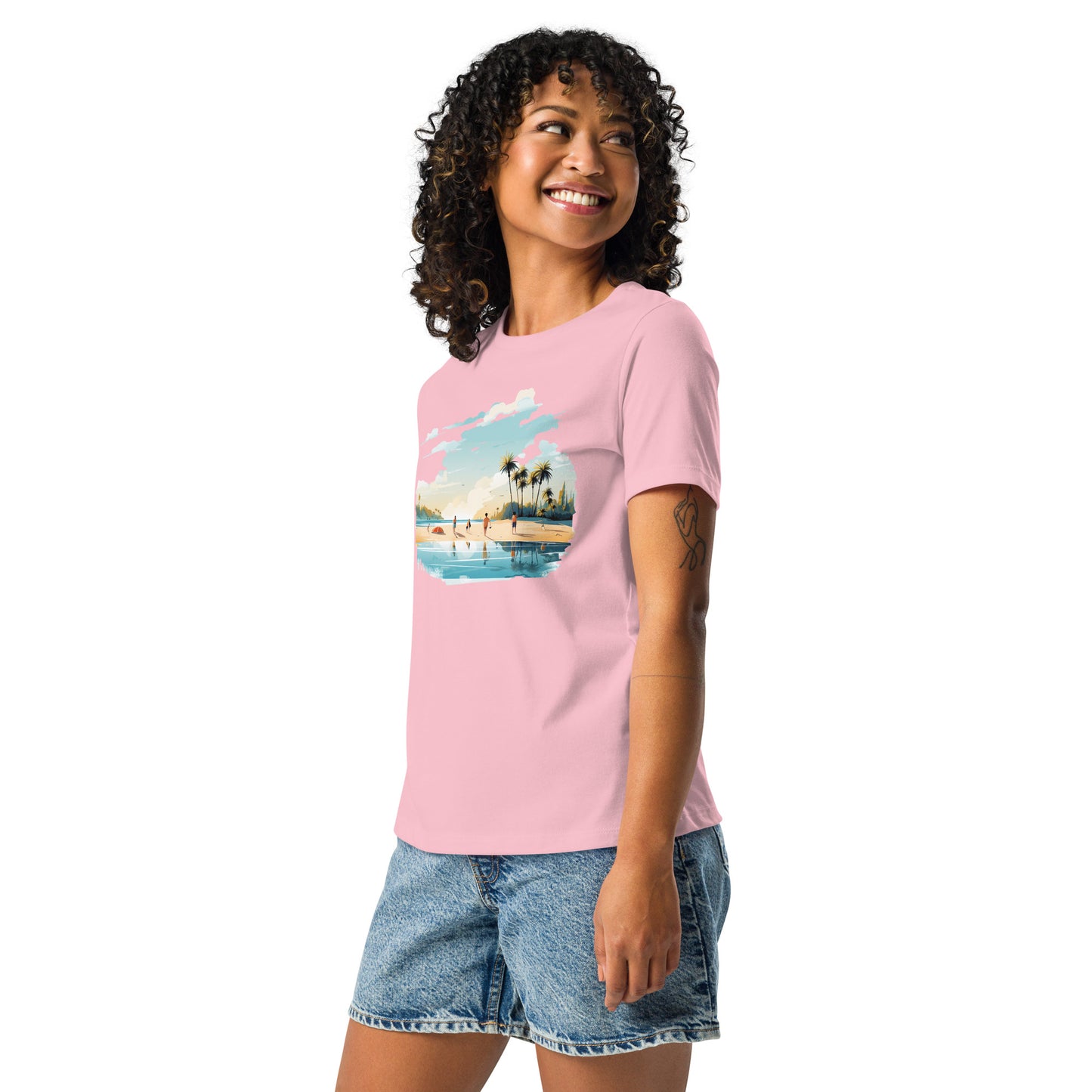 Women with pink T-shirt and a picture of sea and sand