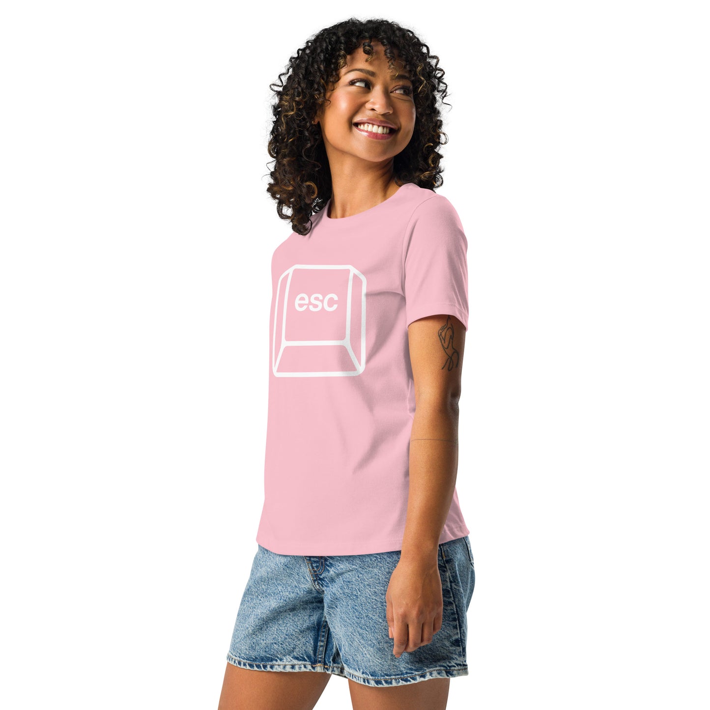 Woman with pink t-shirt with picture of esc key