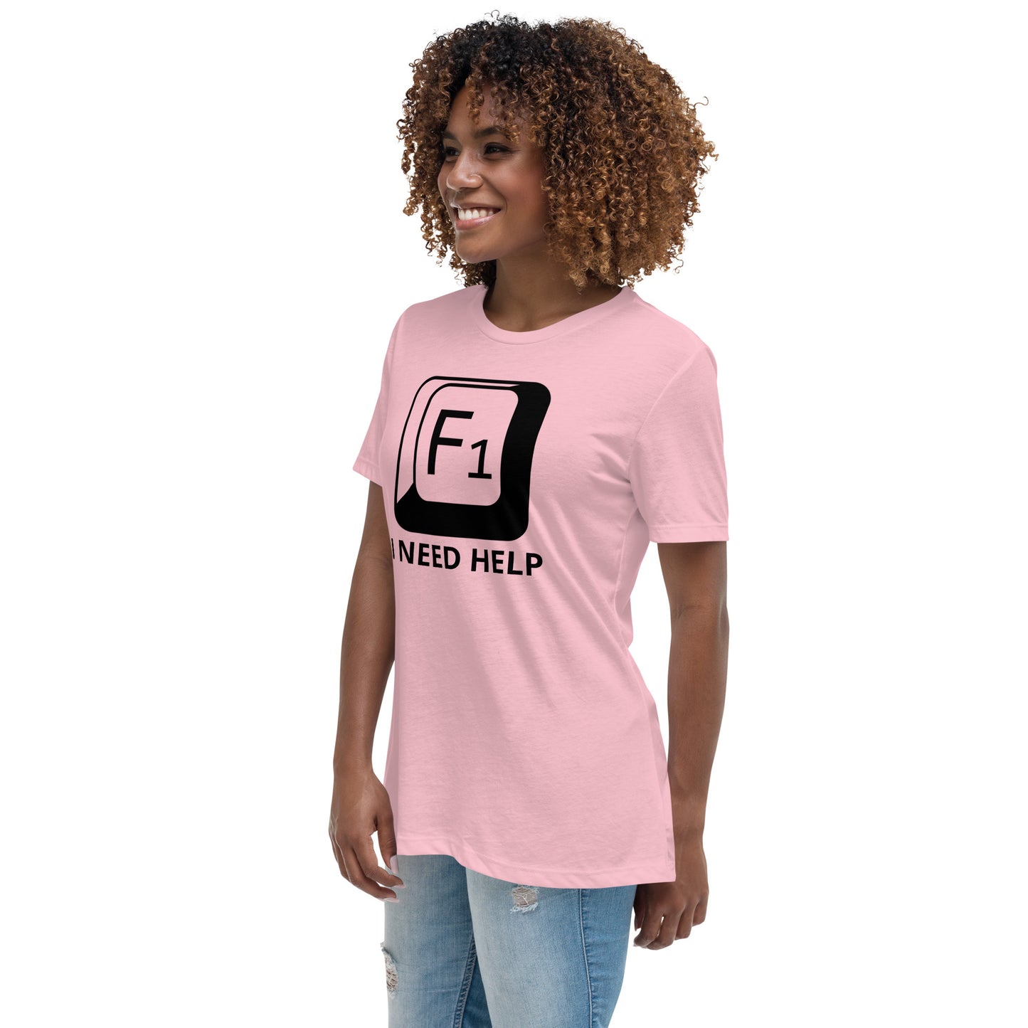 Woman with pink t-shirt with picture of "F1" key and text "I need help"