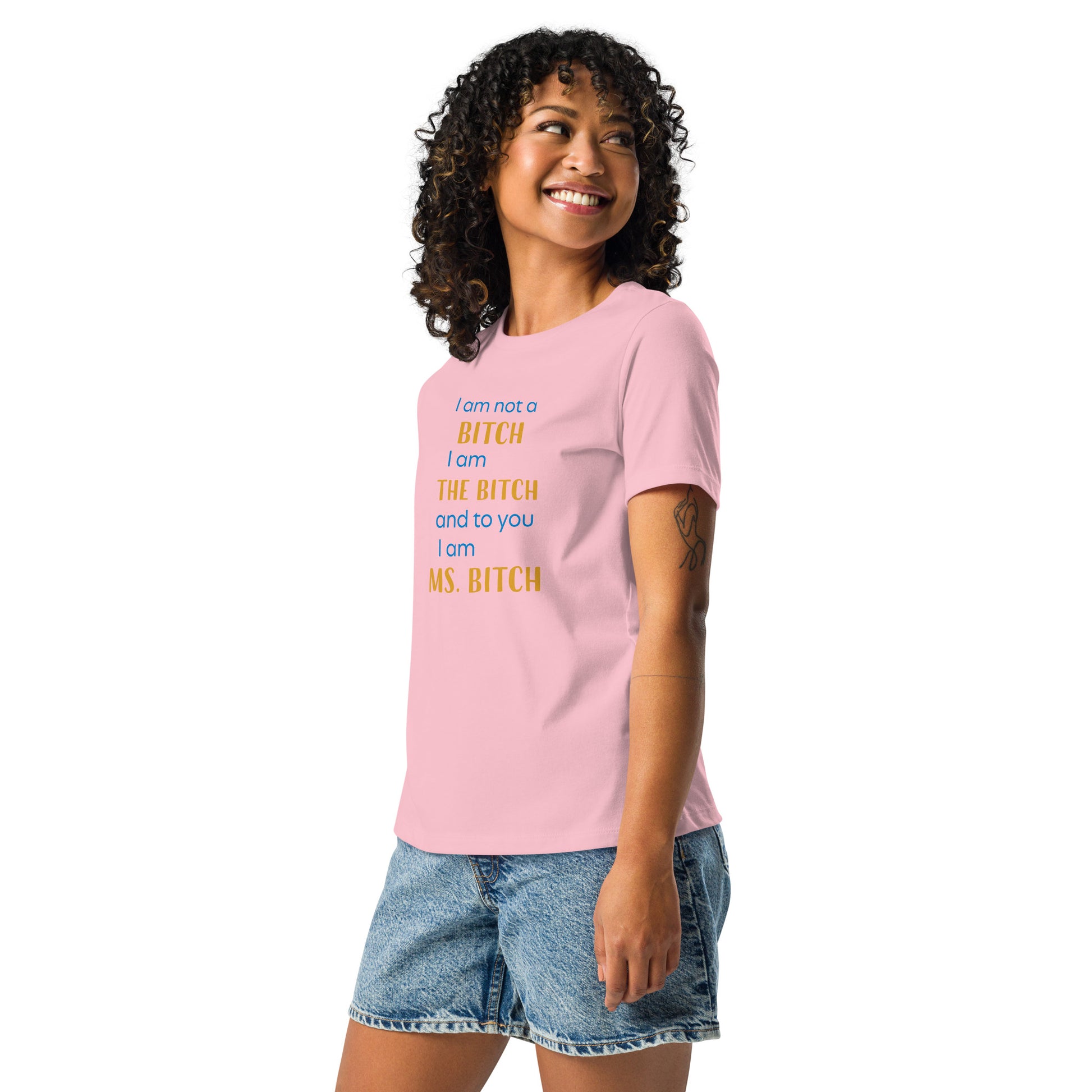 Women with pink t-shirt with the text "to you I'm MS bitch"