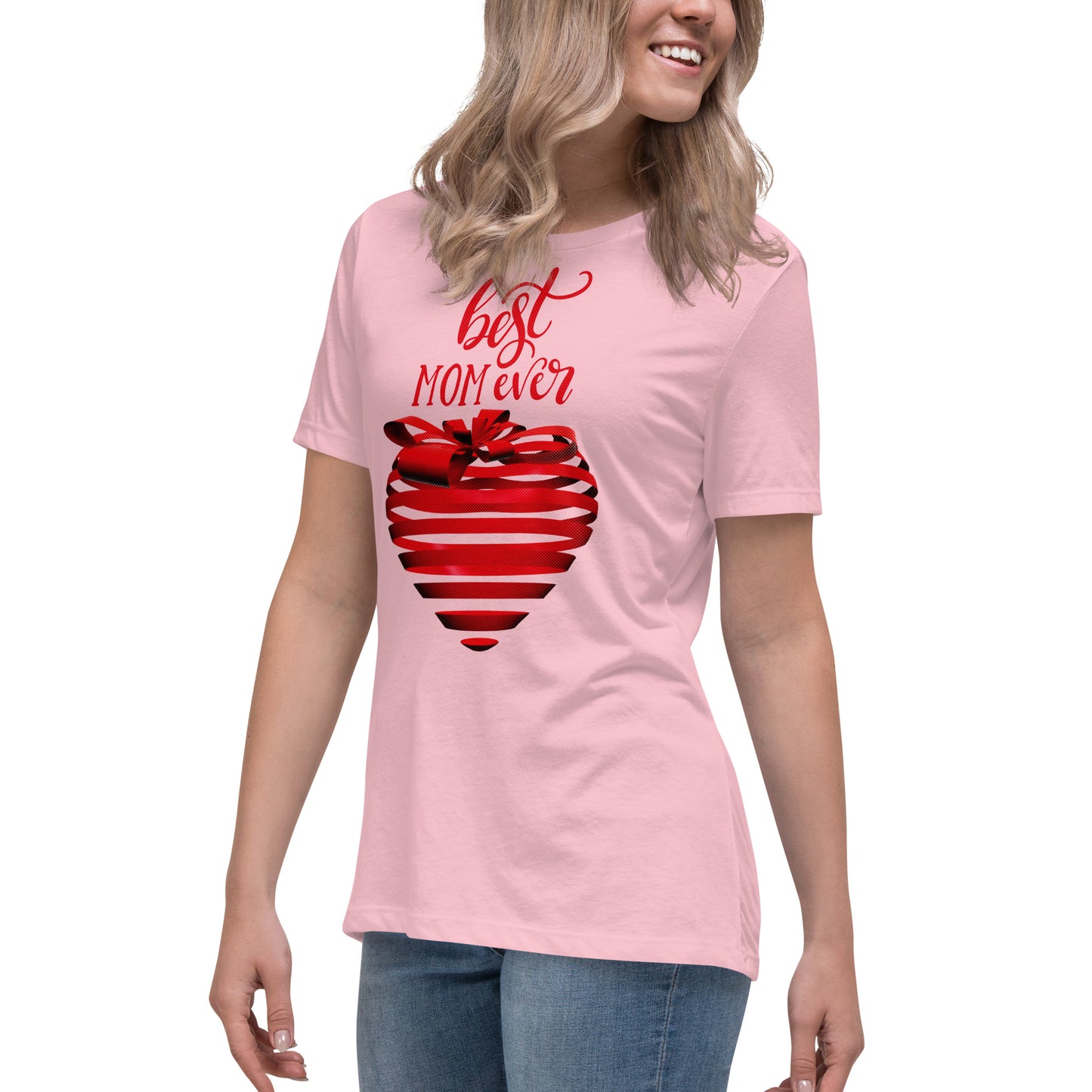 Women with pink T-shirt with red text best MOM Ever and red heart
