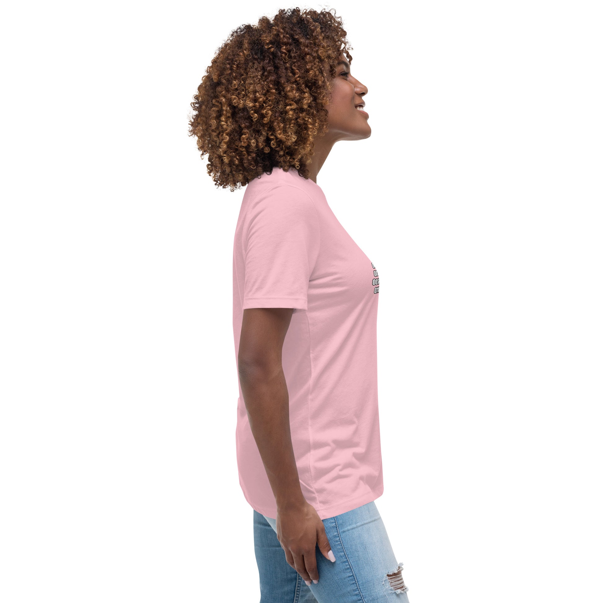 Woman with pink t-shirt with binary code "If you can read this"