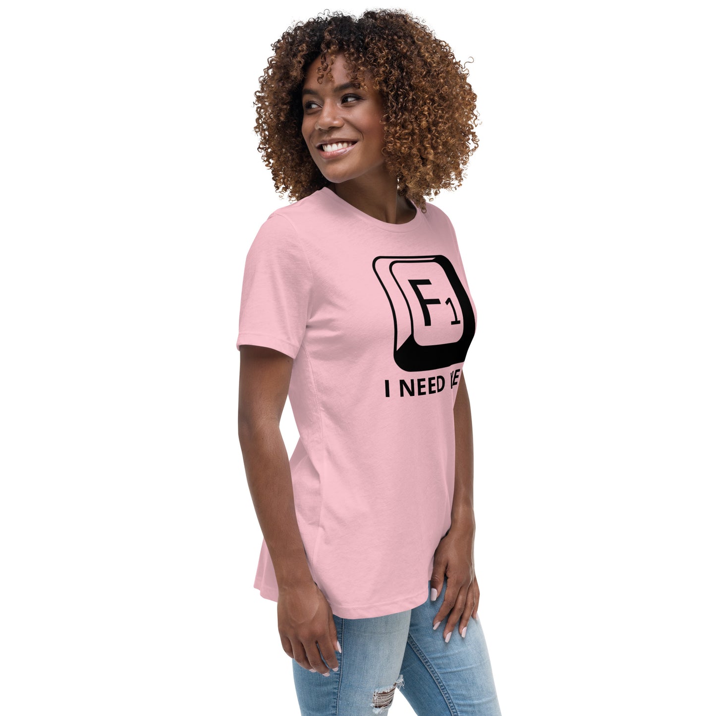 Woman with pink t-shirt with picture of "F1" key and text "I need help"