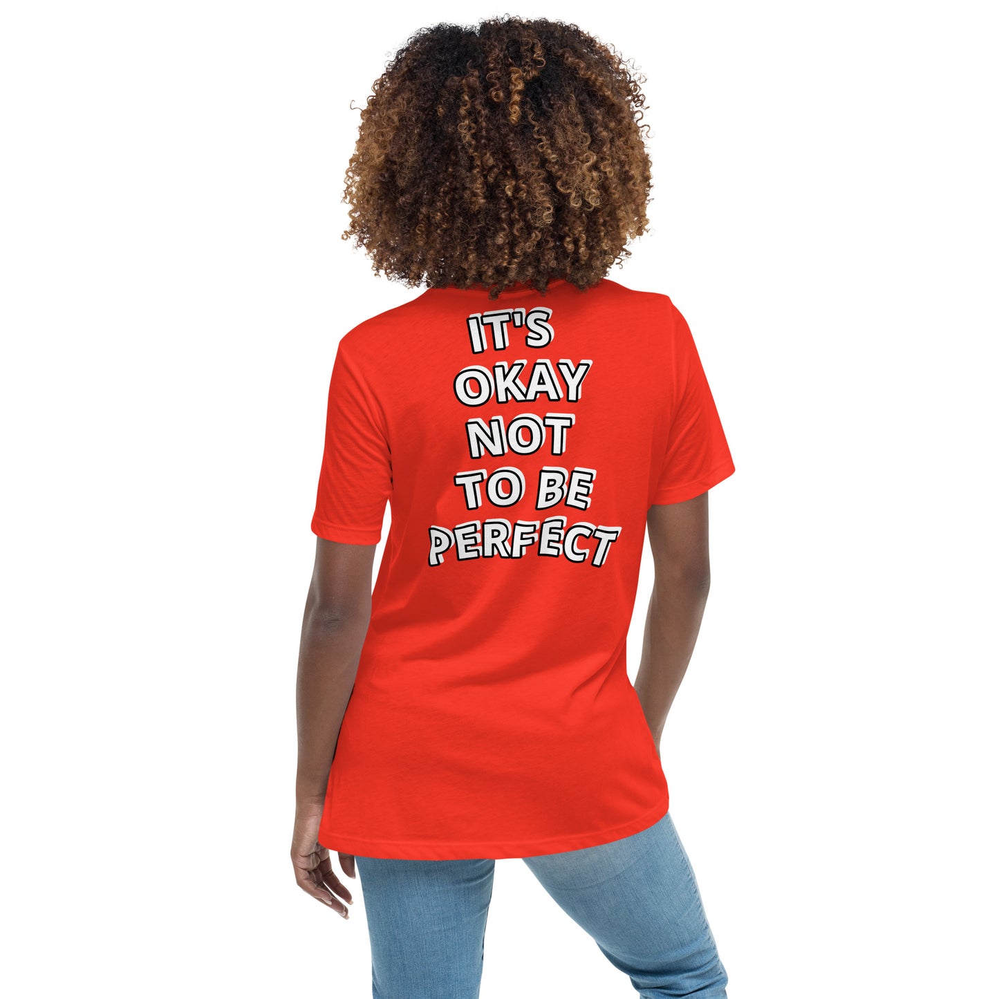 Women with poppy T-shirt with on the back the white text "IT'S OKAY NOT TO BE PERFECT" 