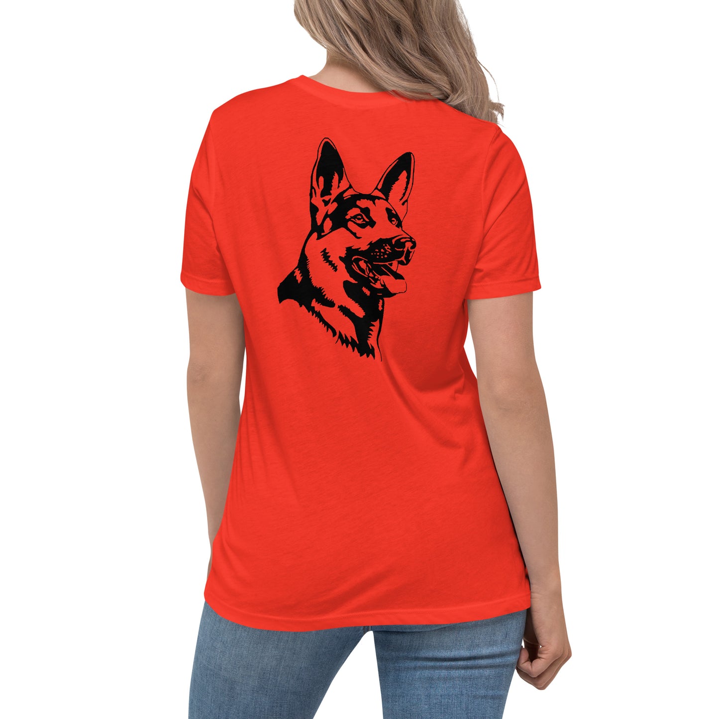 Women with poppy shirt with German shepherd
