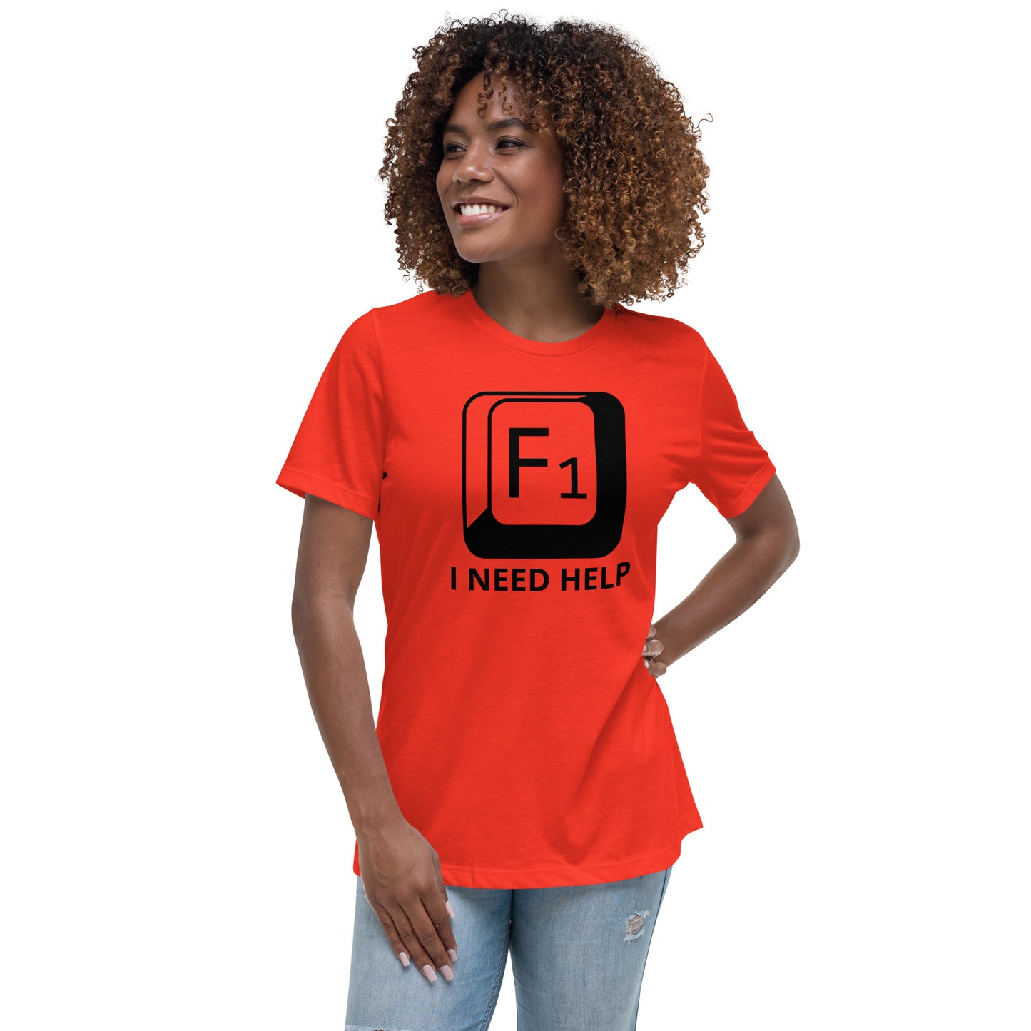 Woman with poppy t-shirt with picture of "F1" key and text "I need help"