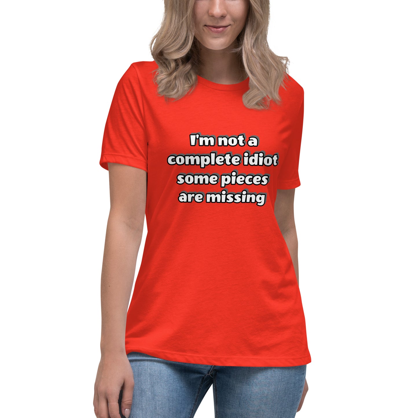 Women with red t-shirt with text “I’m not a complete idiot, some pieces are missing”