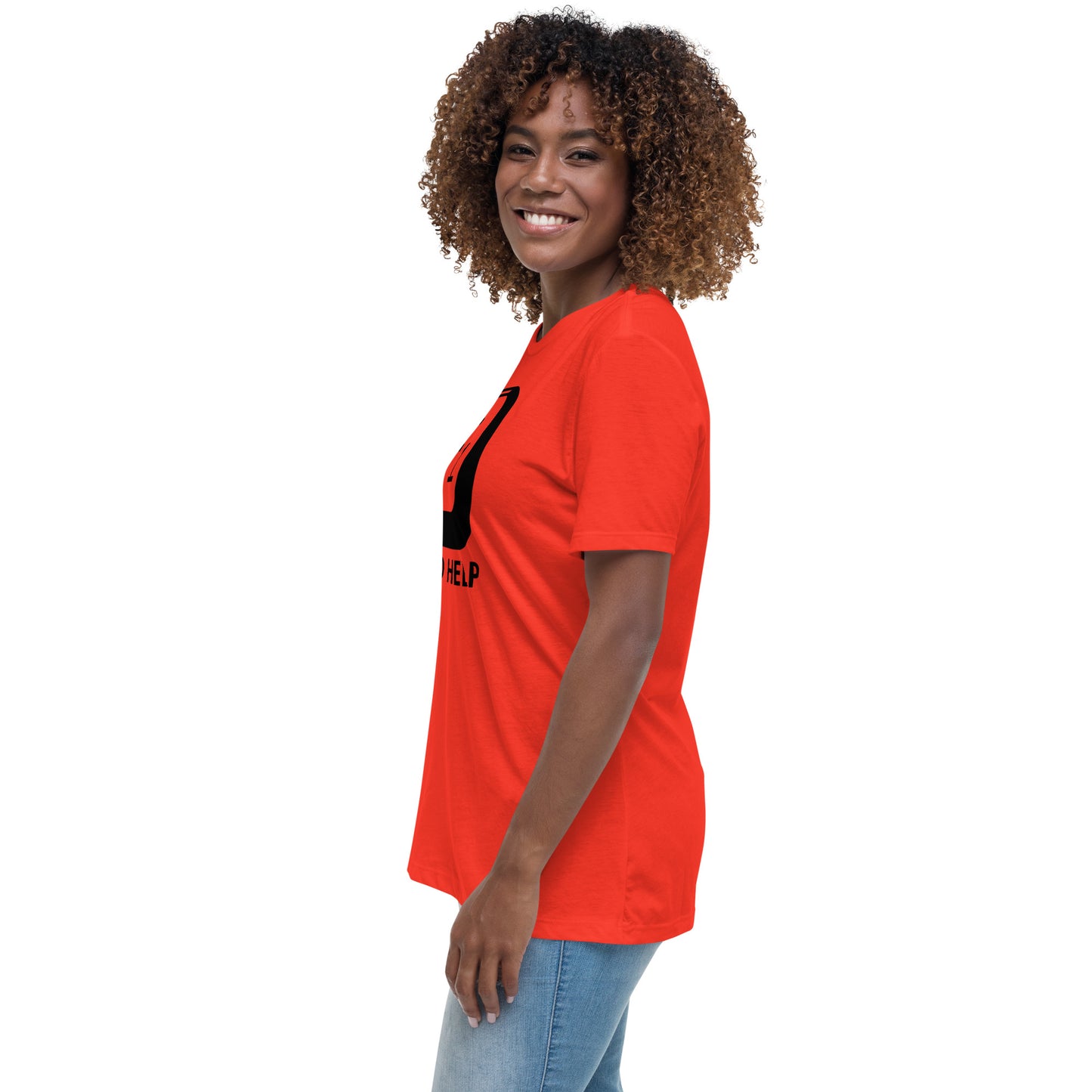Woman with poppy t-shirt with picture of "F1" key and text "I need help"