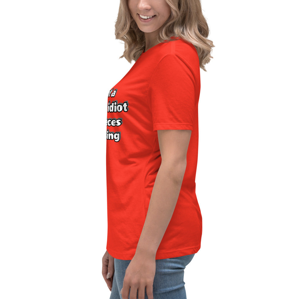 Women with red t-shirt with text “I’m not a complete idiot, some pieces are missing”