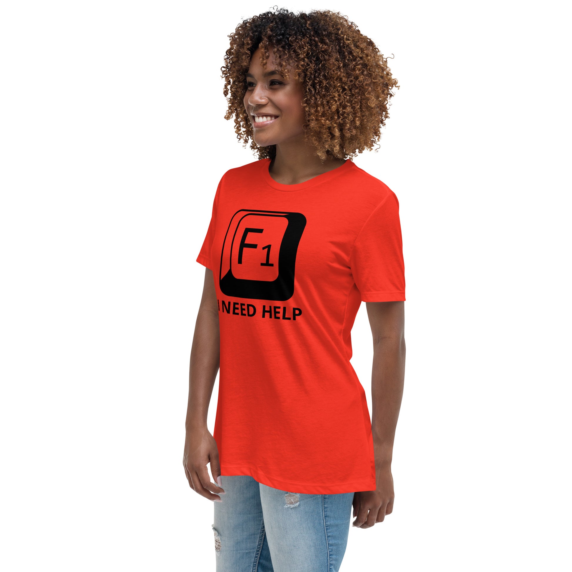 Woman with poppy t-shirt with picture of "F1" key and text "I need help"
