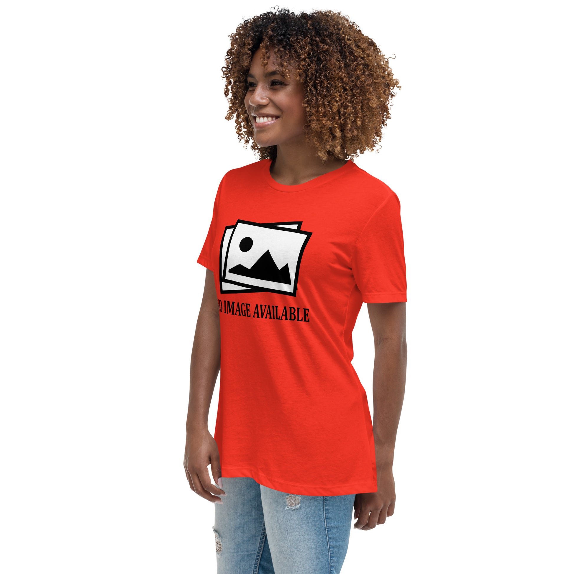 Women with poppy t-shirt with image and text "no image available"