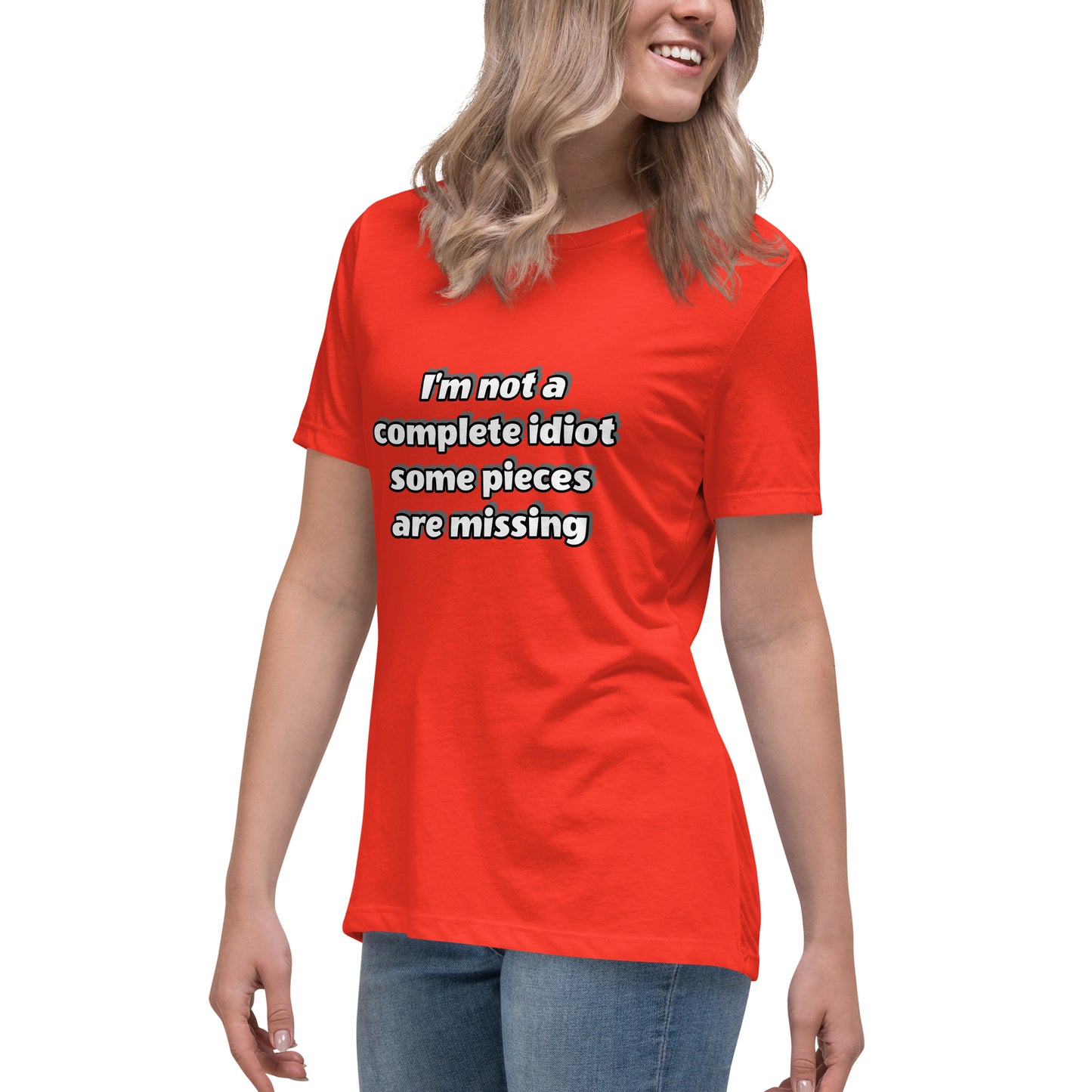 Women with red t-shirt with text “I’m not a complete idiot, some pieces are missing”
