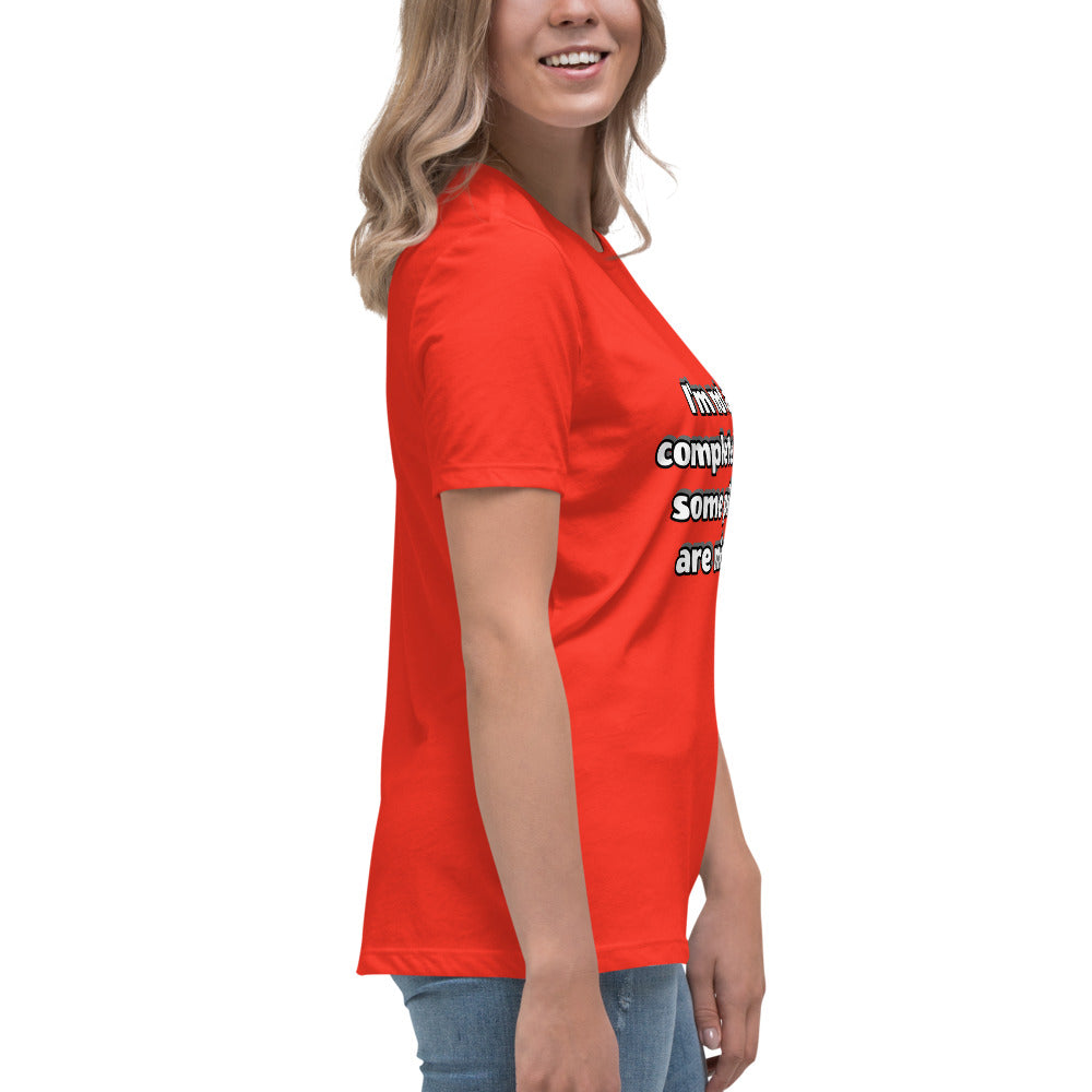 Women with red t-shirt with text “I’m not a complete idiot, some pieces are missing”