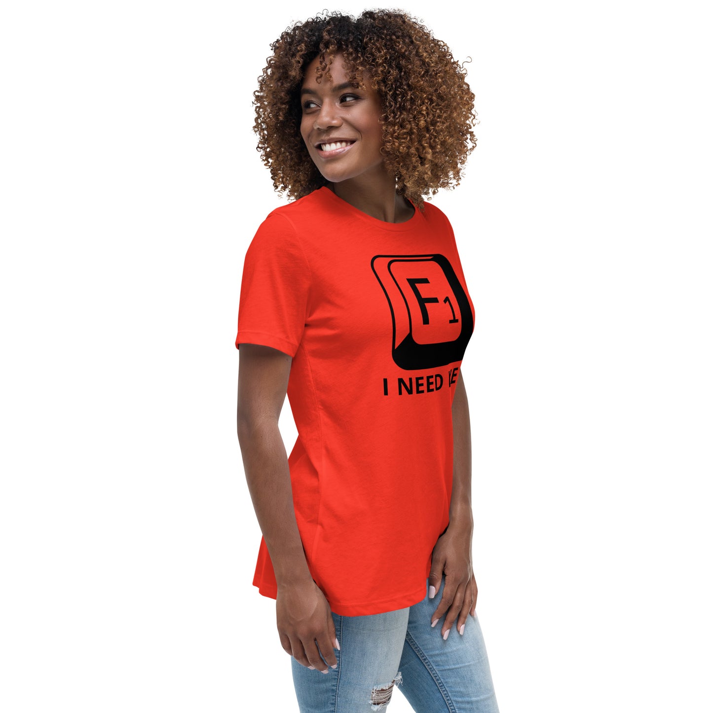 Woman with poppy t-shirt with picture of "F1" key and text "I need help"