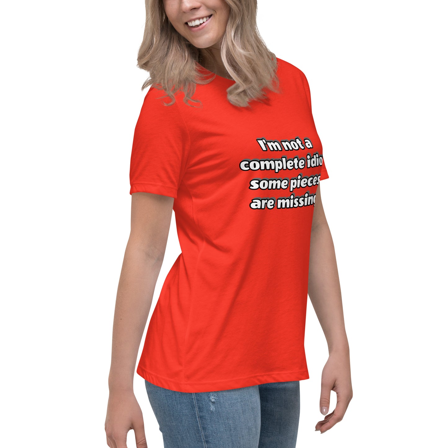 Women with red t-shirt with text “I’m not a complete idiot, some pieces are missing”