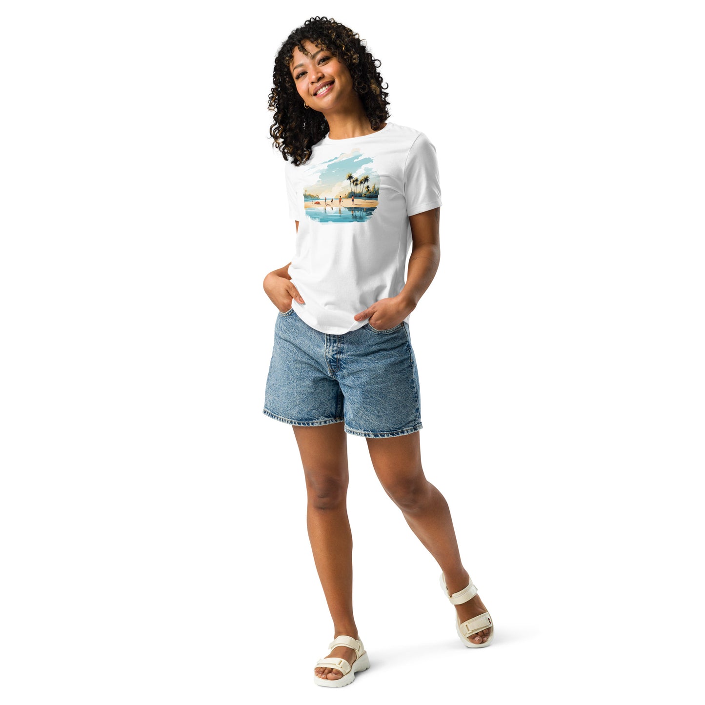 Women with white T-shirt and a picture of sea and sand