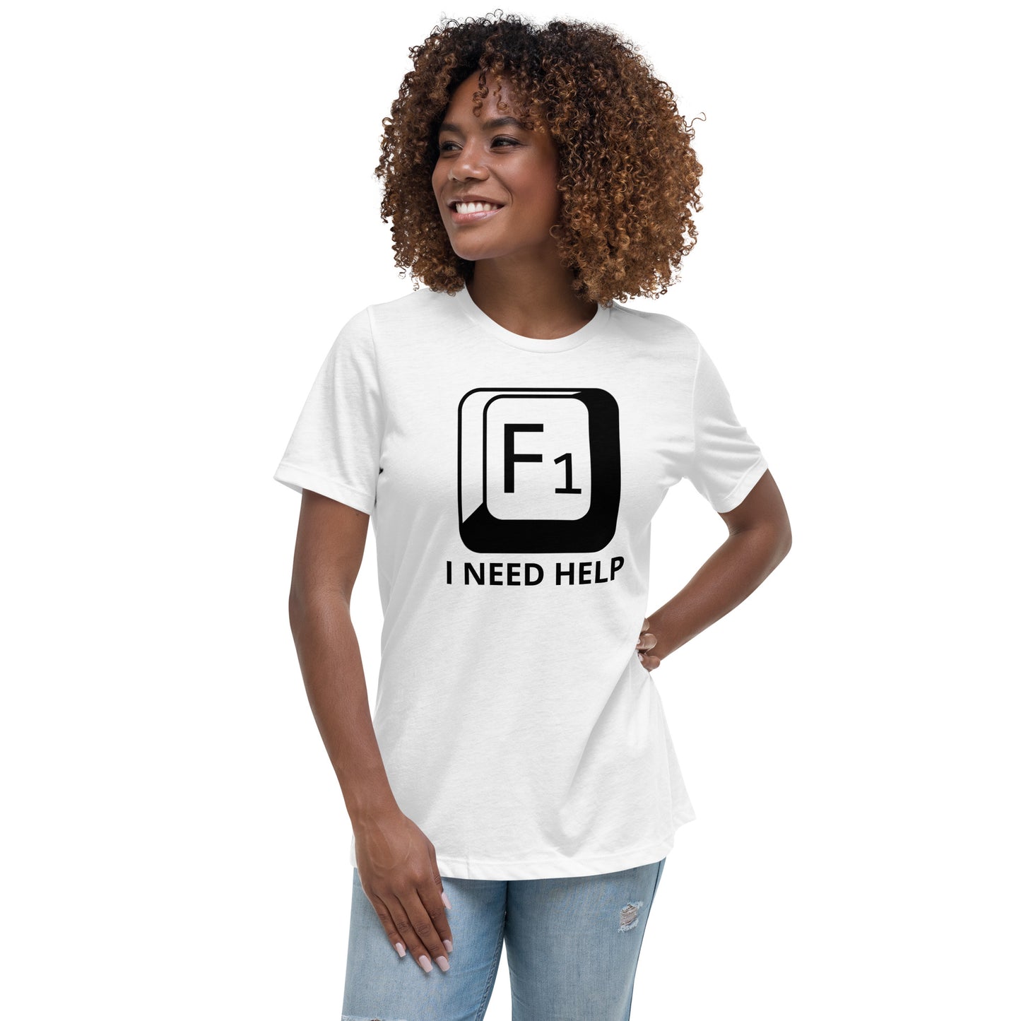Woman with white t-shirt with picture of "F1" key and text "I need help"