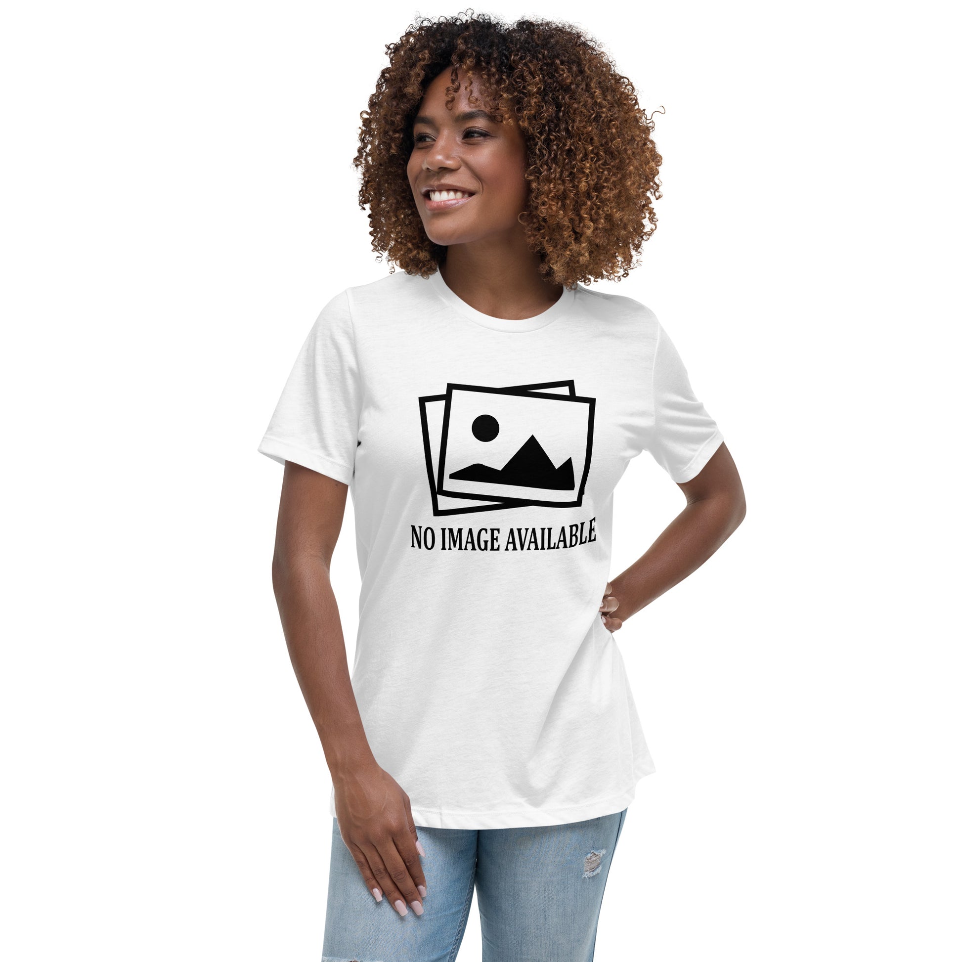 Women with white t-shirt with image and text "no image available"