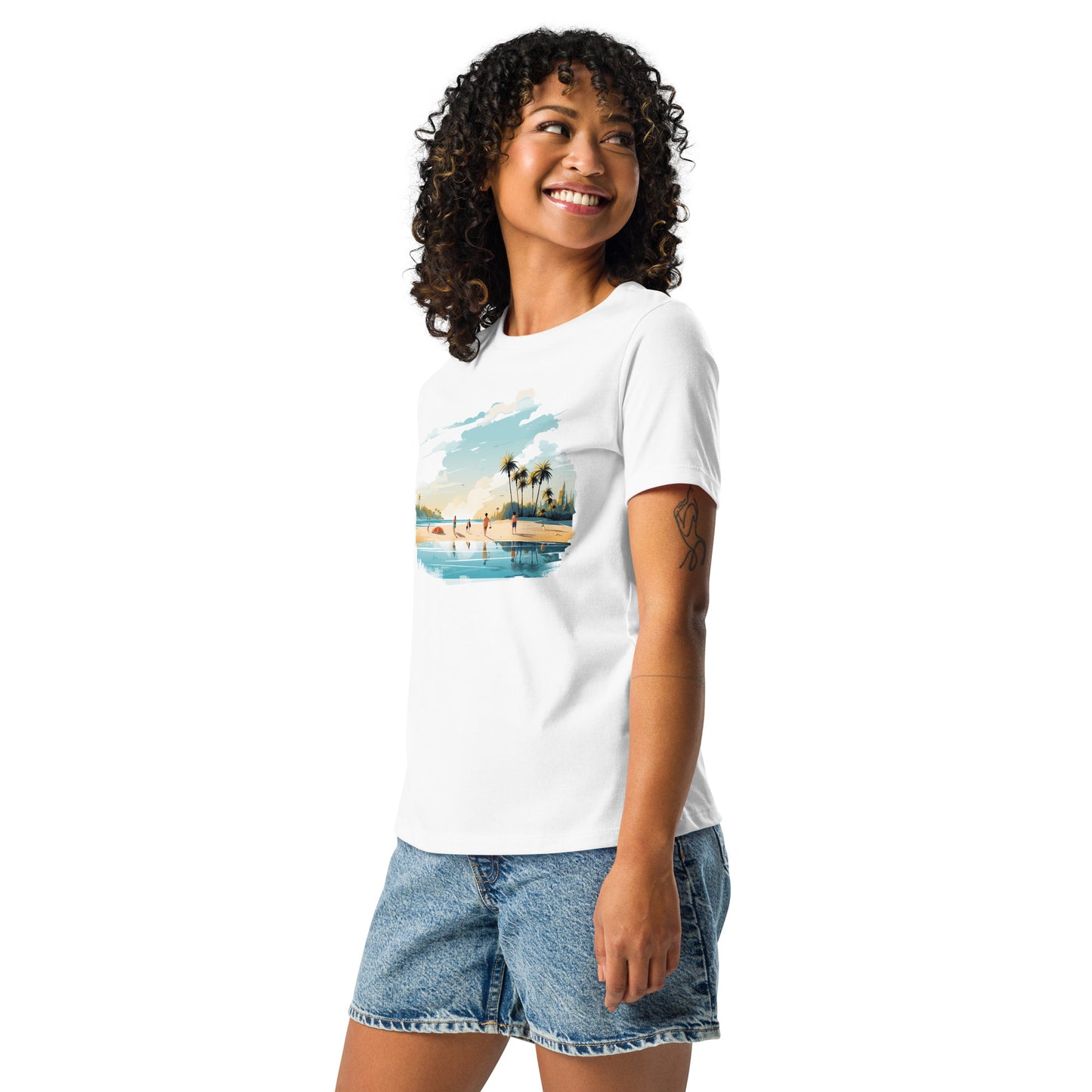 Women with white T-shirt and a picture of sea and sand
