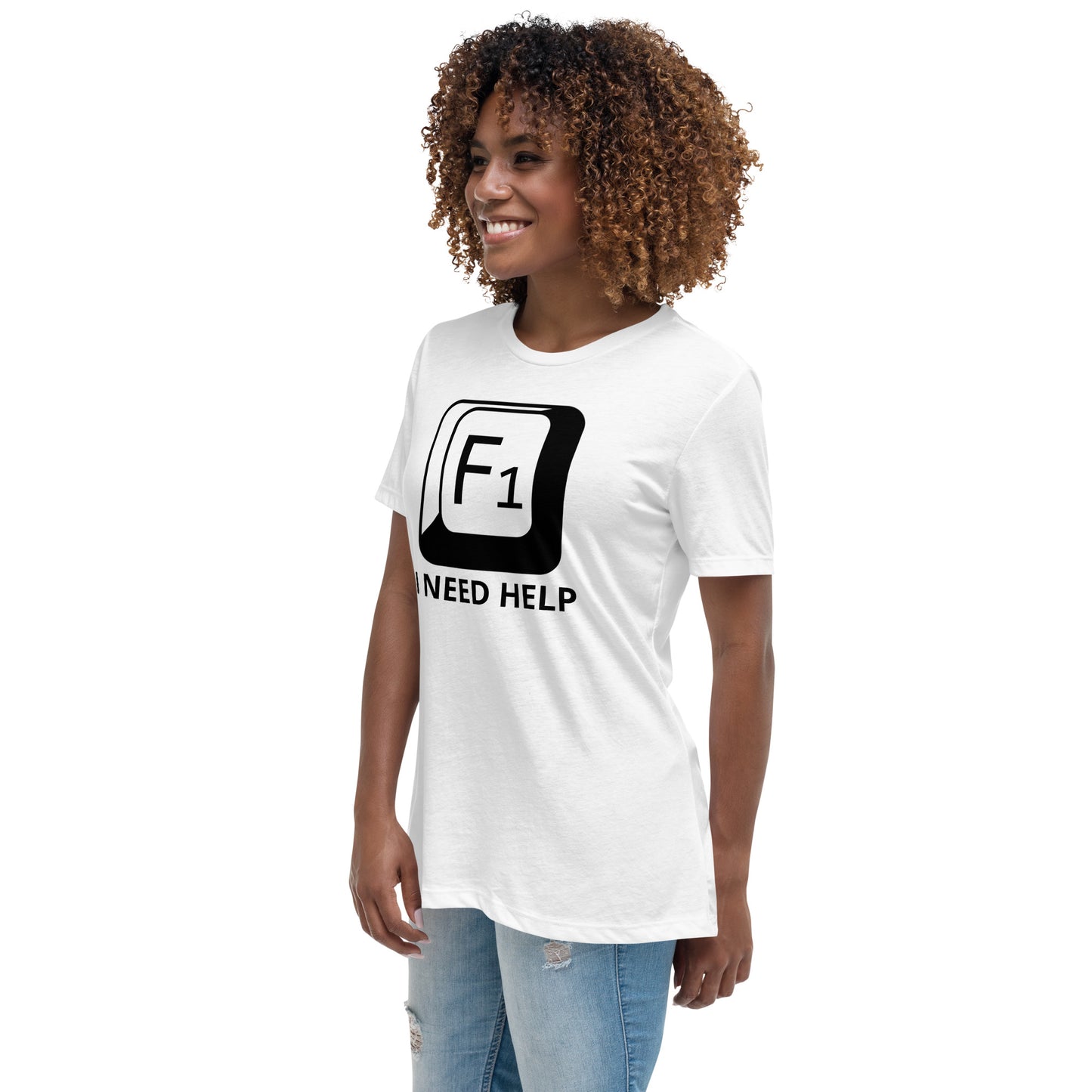 Woman with white t-shirt with picture of "F1" key and text "I need help"