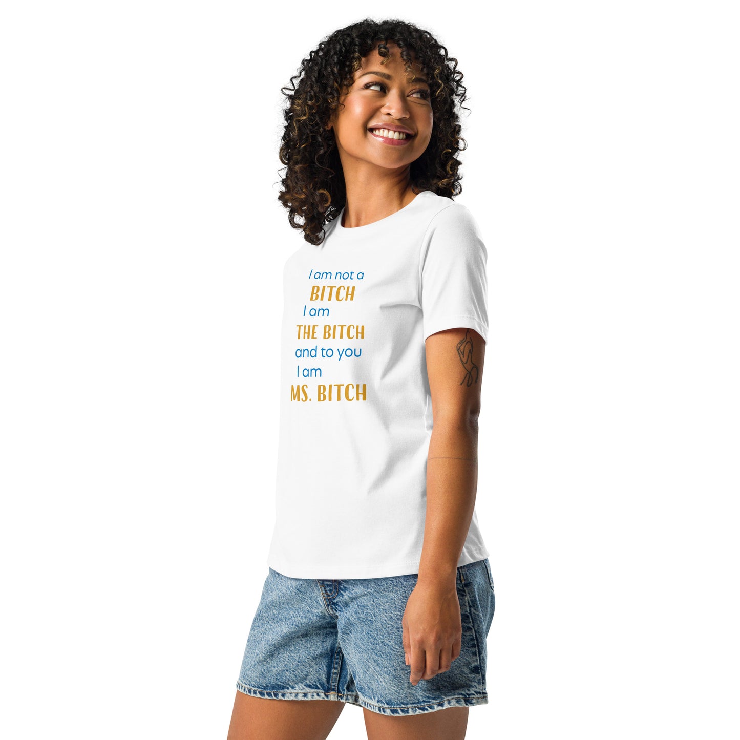 Women with white t-shirt with the text "to you I'm MS bitch"