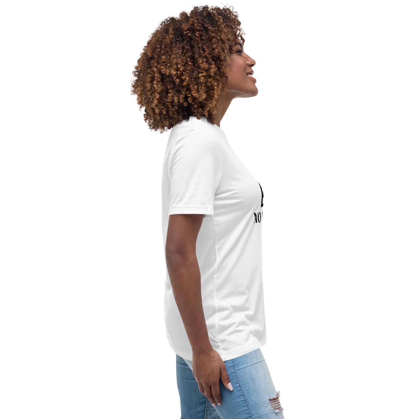 Women with white t-shirt with image and text "no image available"