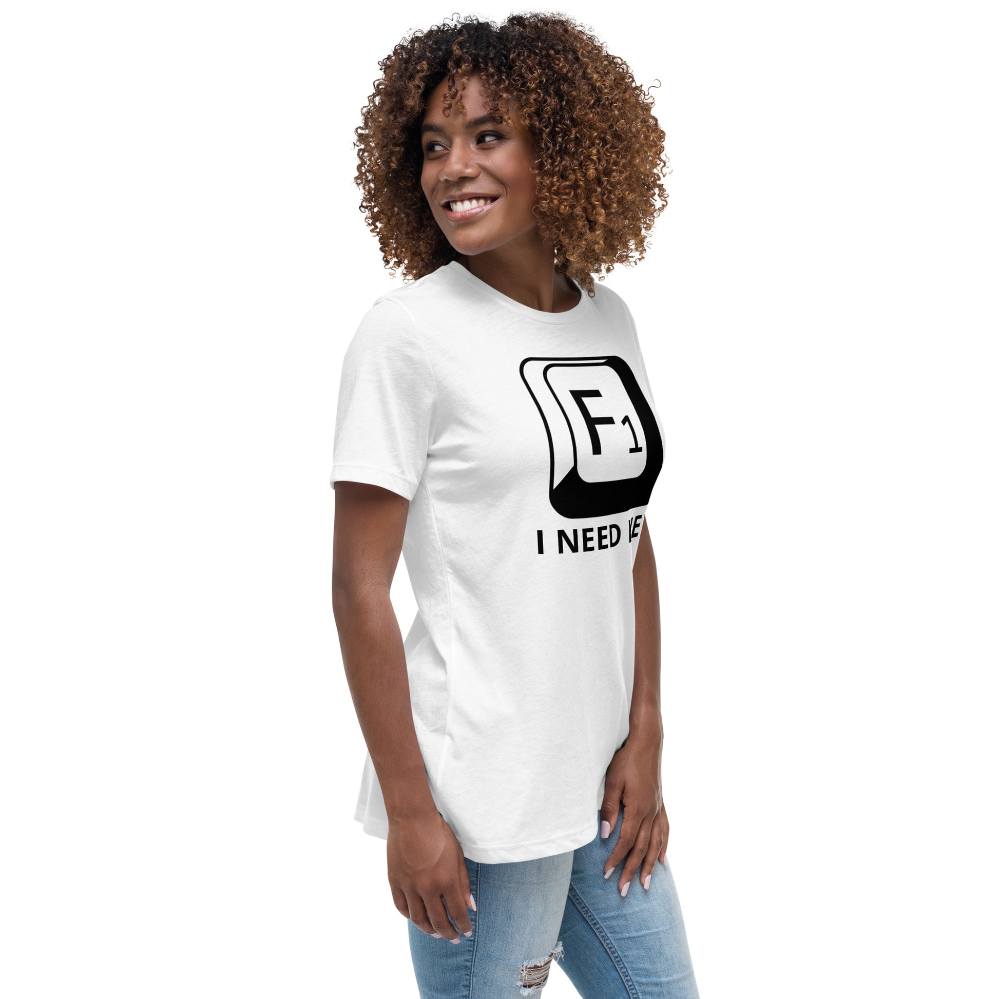 Woman with white t-shirt with picture of "F1" key and text "I need help"