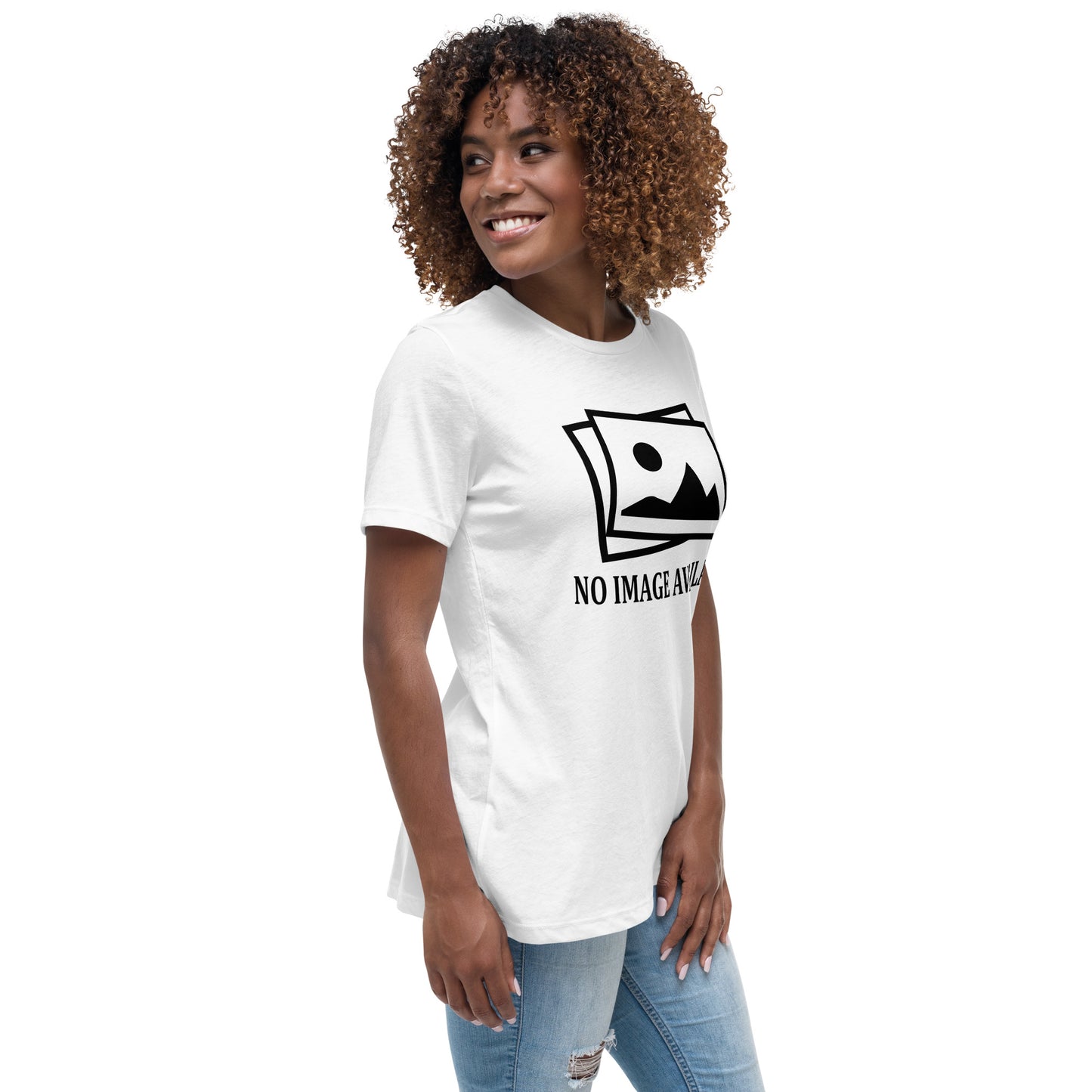 Women with white t-shirt with image and text "no image available"